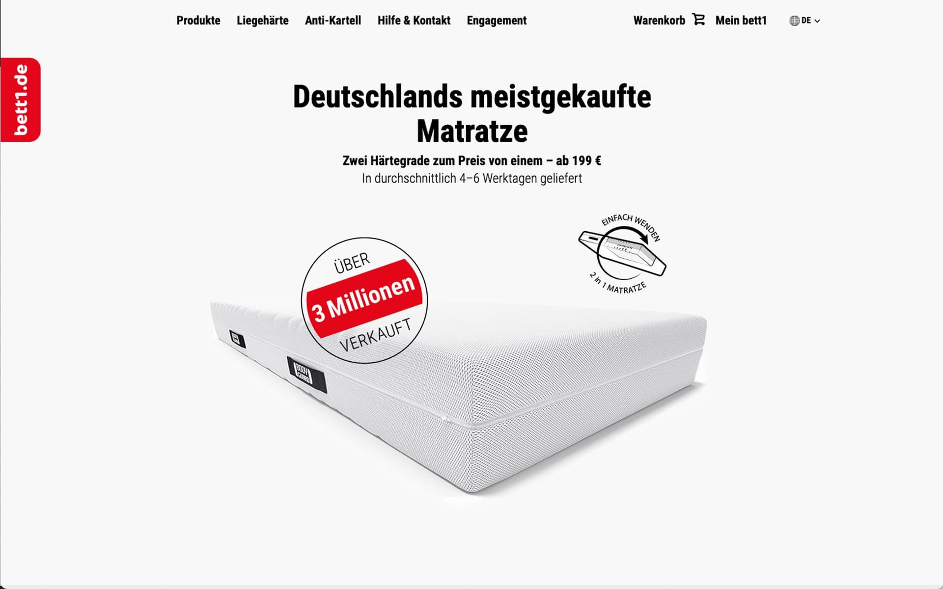 Werbebild von Bett1 mit abgebildeter Matratze