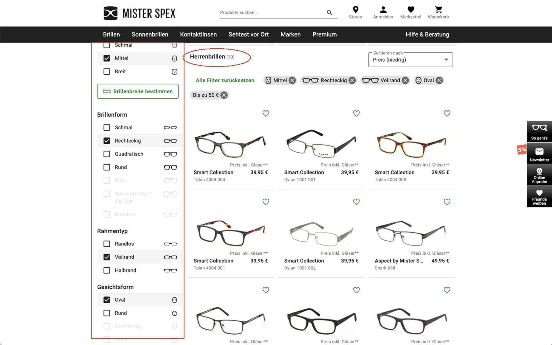 Screenshot Mister Spex Kategoriensuche
