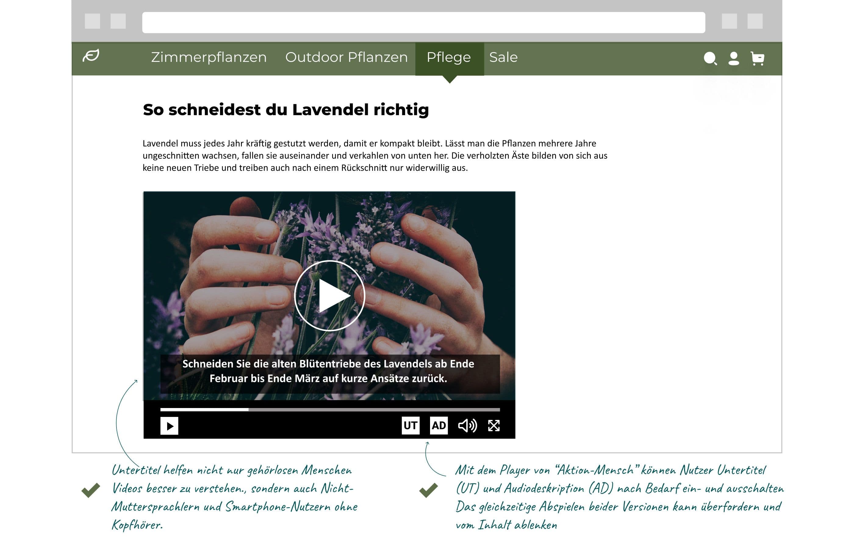Screenshot einer Seite mit Video und Untertiteln. Der Video-Player von 'Aktion-Mensch' ermöglicht das Ein- und Ausschalten von Untertiteln (UT) und Audiodeskription (AD)