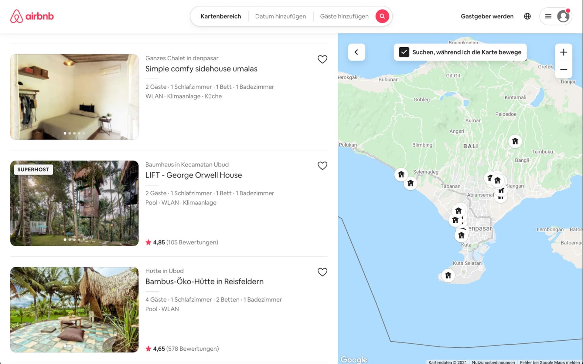 Screenshot Map auf der Airbnb Website