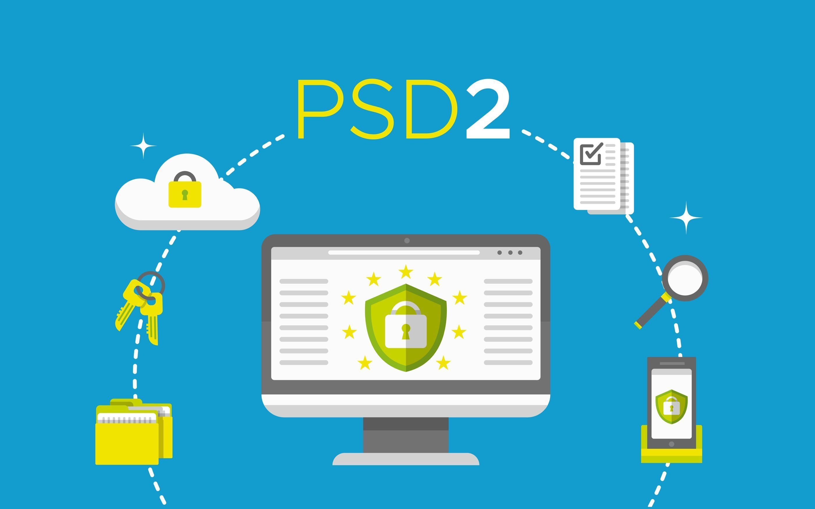 Graphic with various PSD2 symbols circling a laptop in a semicircle