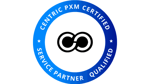 Rundes blaues Zertifizierungsabzeichen mit weißem Text ‚Centric PXM Certified Service Partner Qualified‘ und einem stilisierten Symbol in der Mitte.