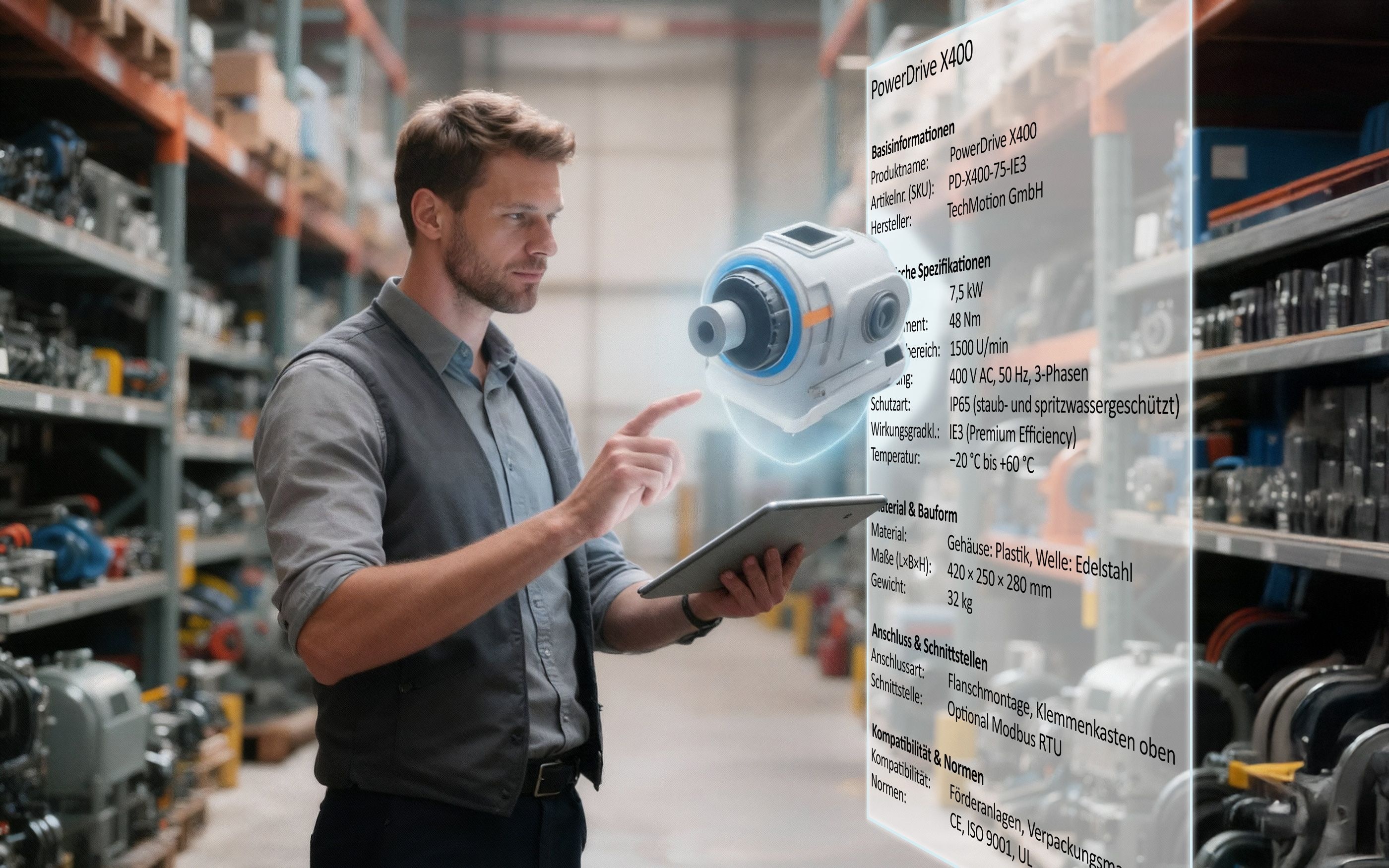 A person in a warehouse environment uses a tablet to interact with a holographic product display and technical specifications of the PowerDrive X400.