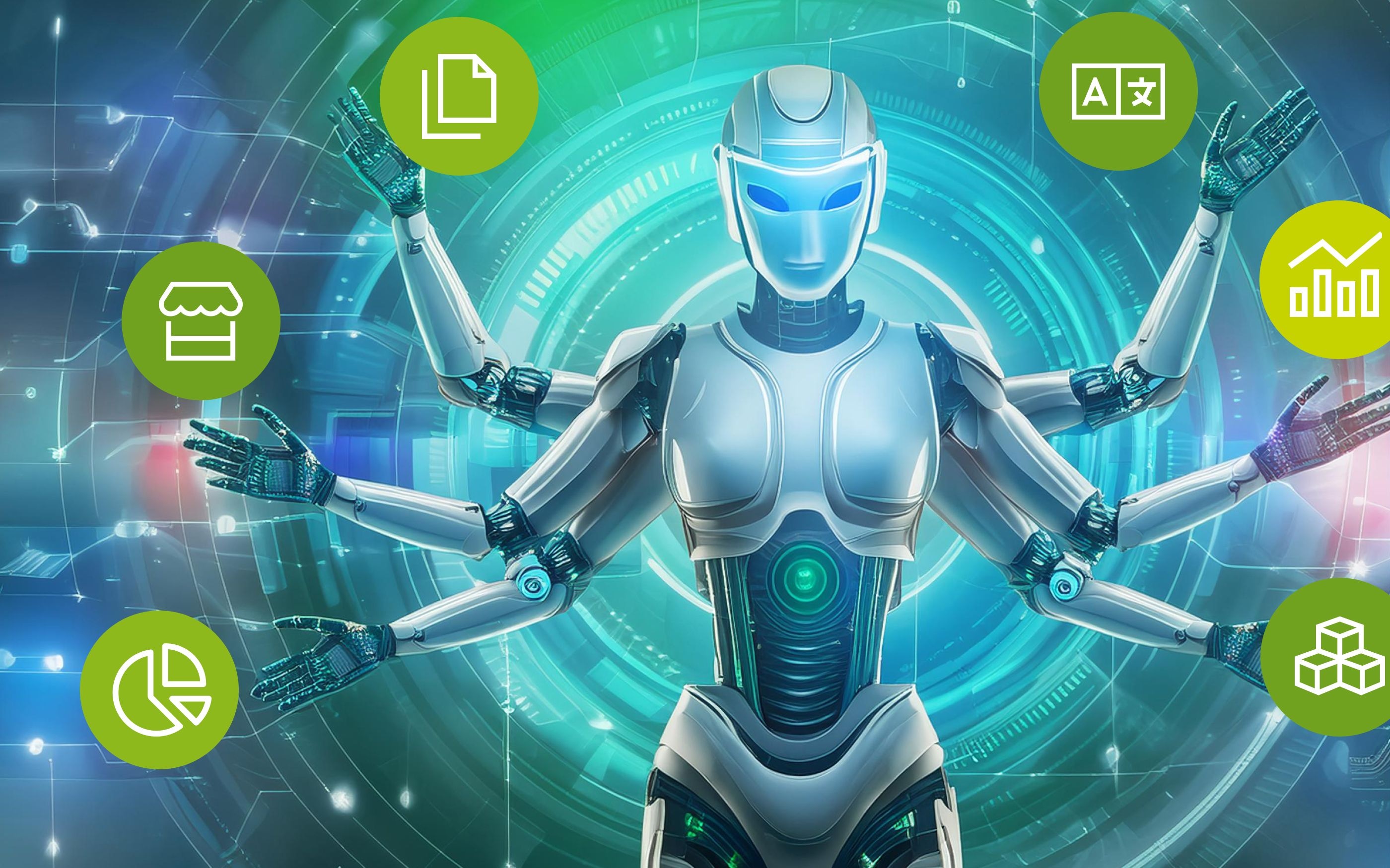 Illustration eines Roboters mit 6 Armen, der verschiedene Icons zum Thema E-Commerce hält