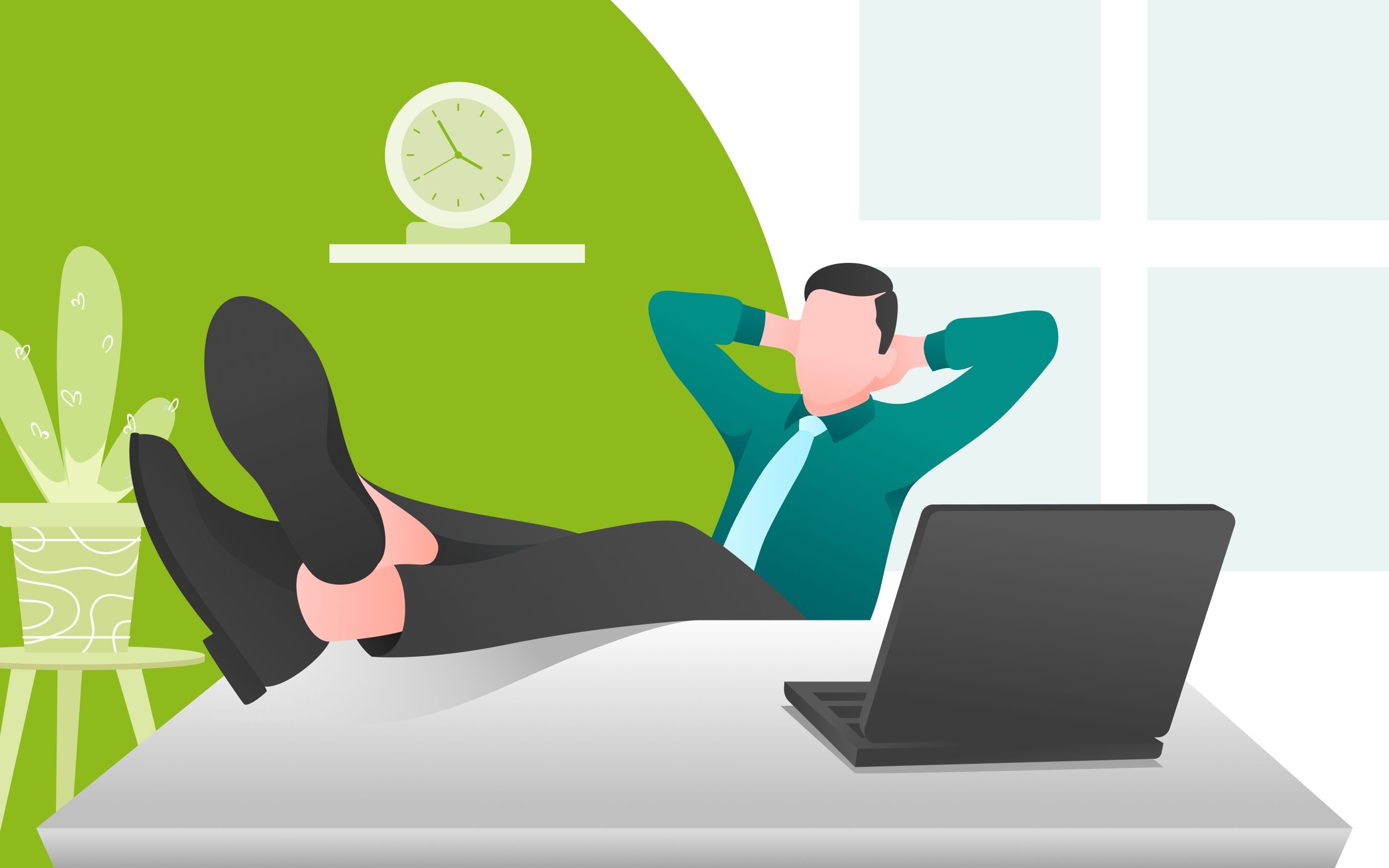 Illustration einer entspannten Person im Business-Outfit, die mit hochgelegten Füßen am Schreibtisch sitzt
