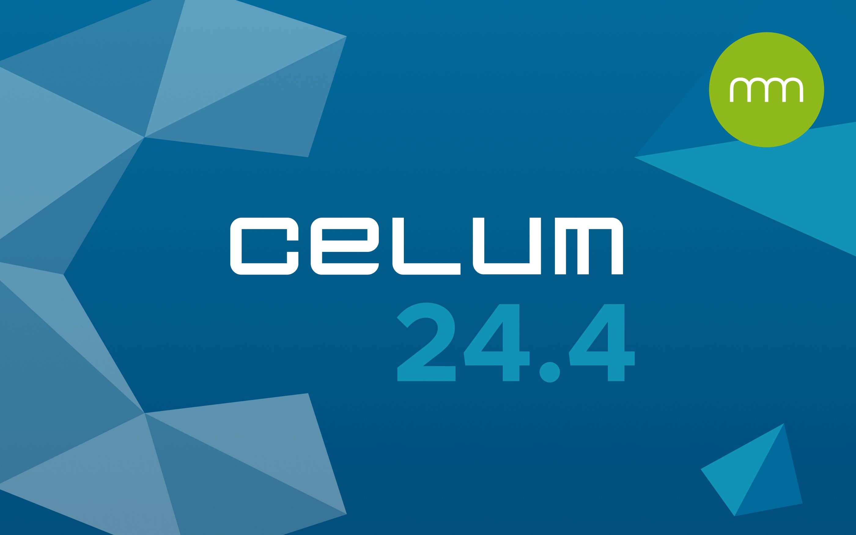 Modern gestaltete Grafik zum Release ‚celum 24.4‘ mit blauem, geometrischem Hintergrund und communicode-Logo.