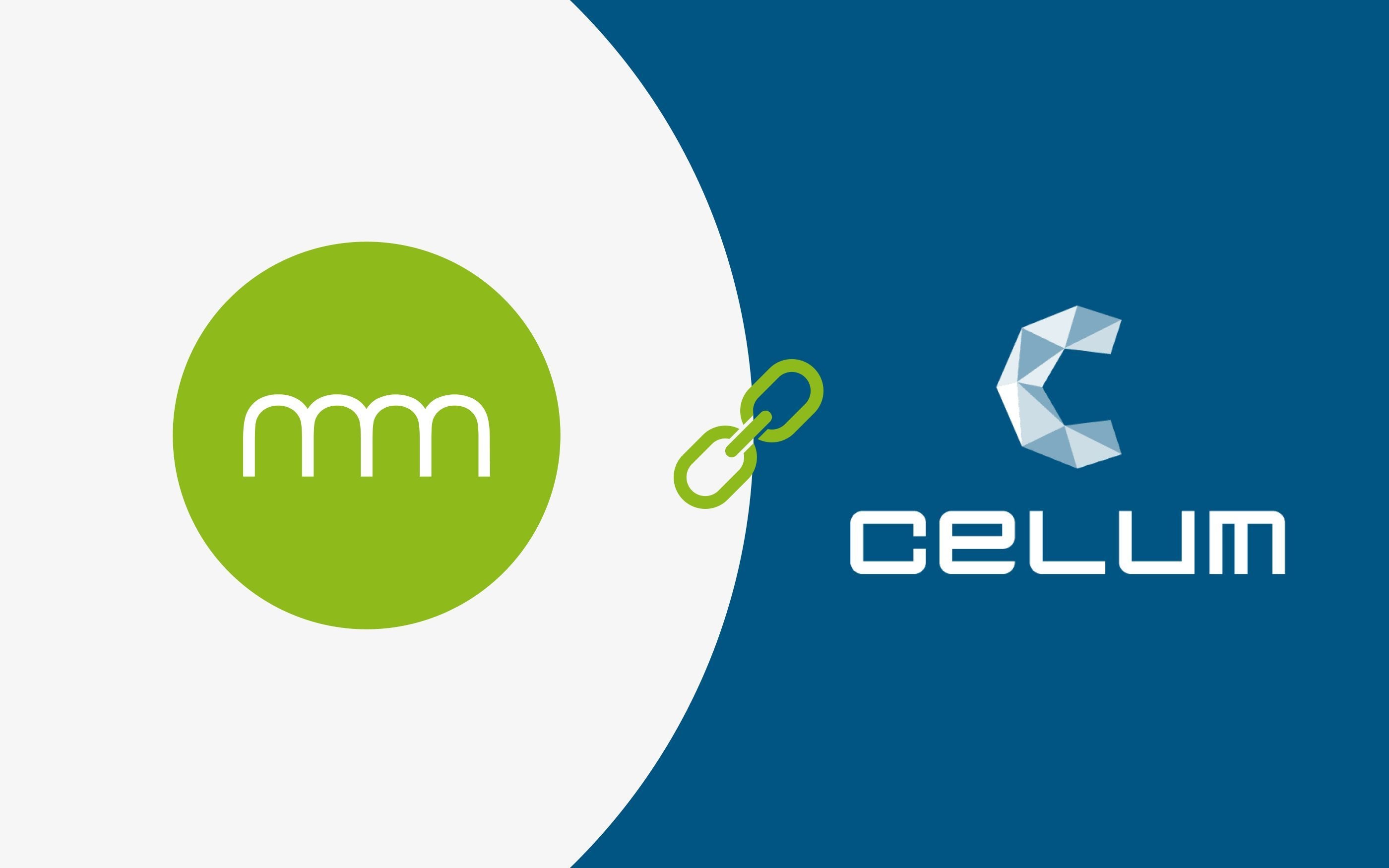 Grafik mit zwei Markenlogos: Links ein grüner Kreis mit weißen geschwungenen Buchstaben ‚mm‘ auf weißem Hintergrund. Rechts das CELUM‑Logo in Blau mit einer kristallartigen ‚C‘-Form und dem Schriftzug ‚CELUM‘ auf blauem Hintergrund. In der Mitte verbindet ein grünes Kettenglied-Symbol beide Seiten.