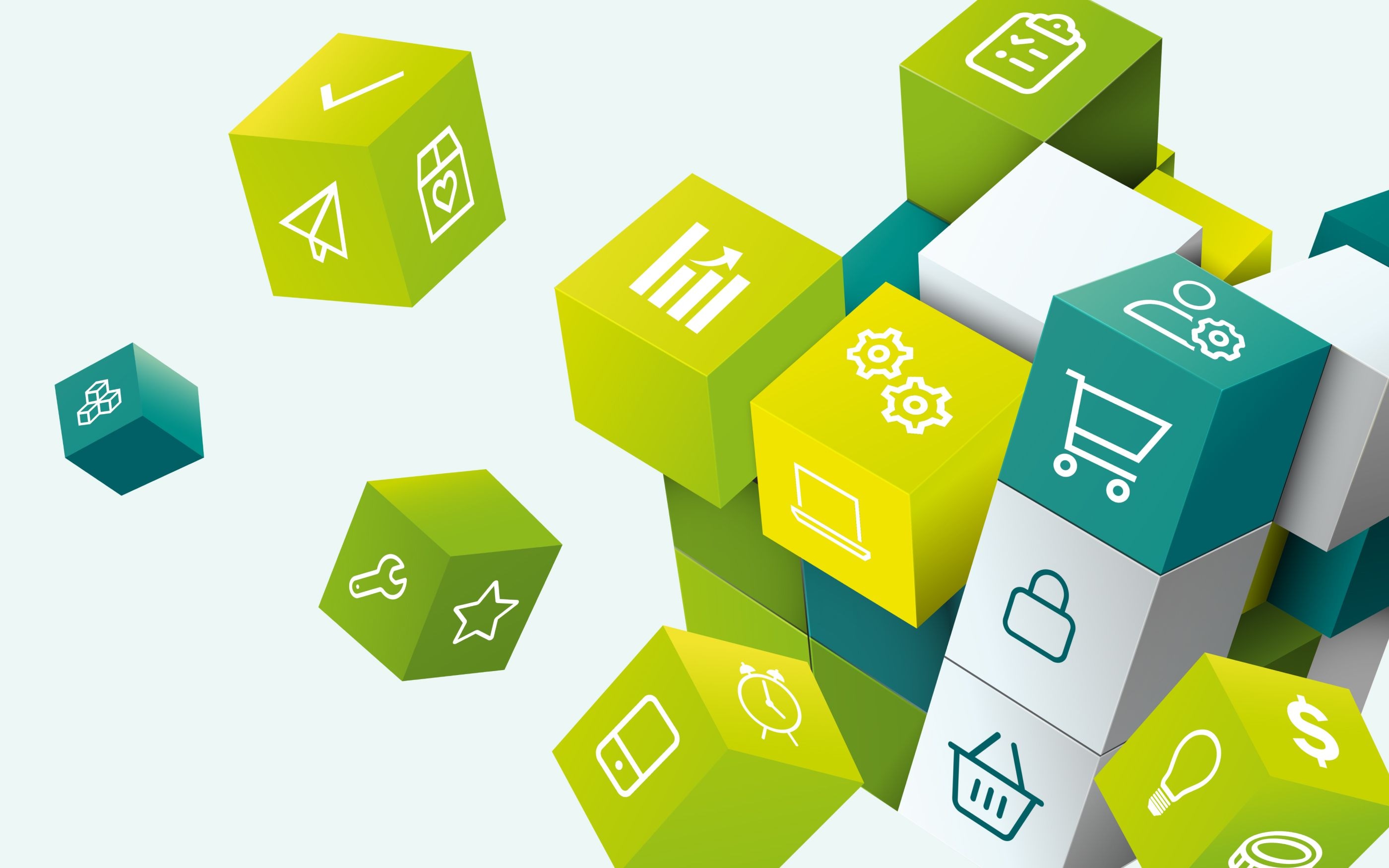 Grafik von Würfeln, auf denen verschiedene Symbole im Bezug zu E-Commerce sind