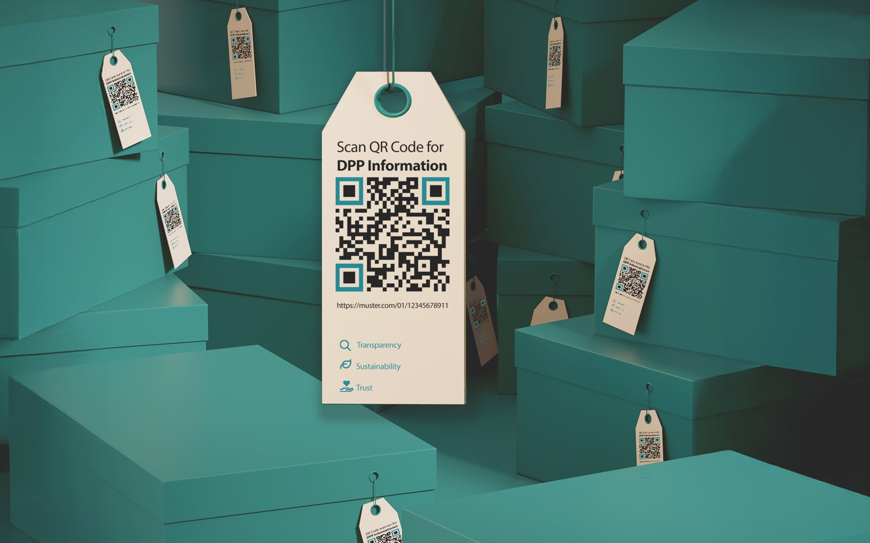 Several turquoise product boxes with attached labels containing QR codes; in the foreground, a large label with a QR code and a reference to digital product passport information.
