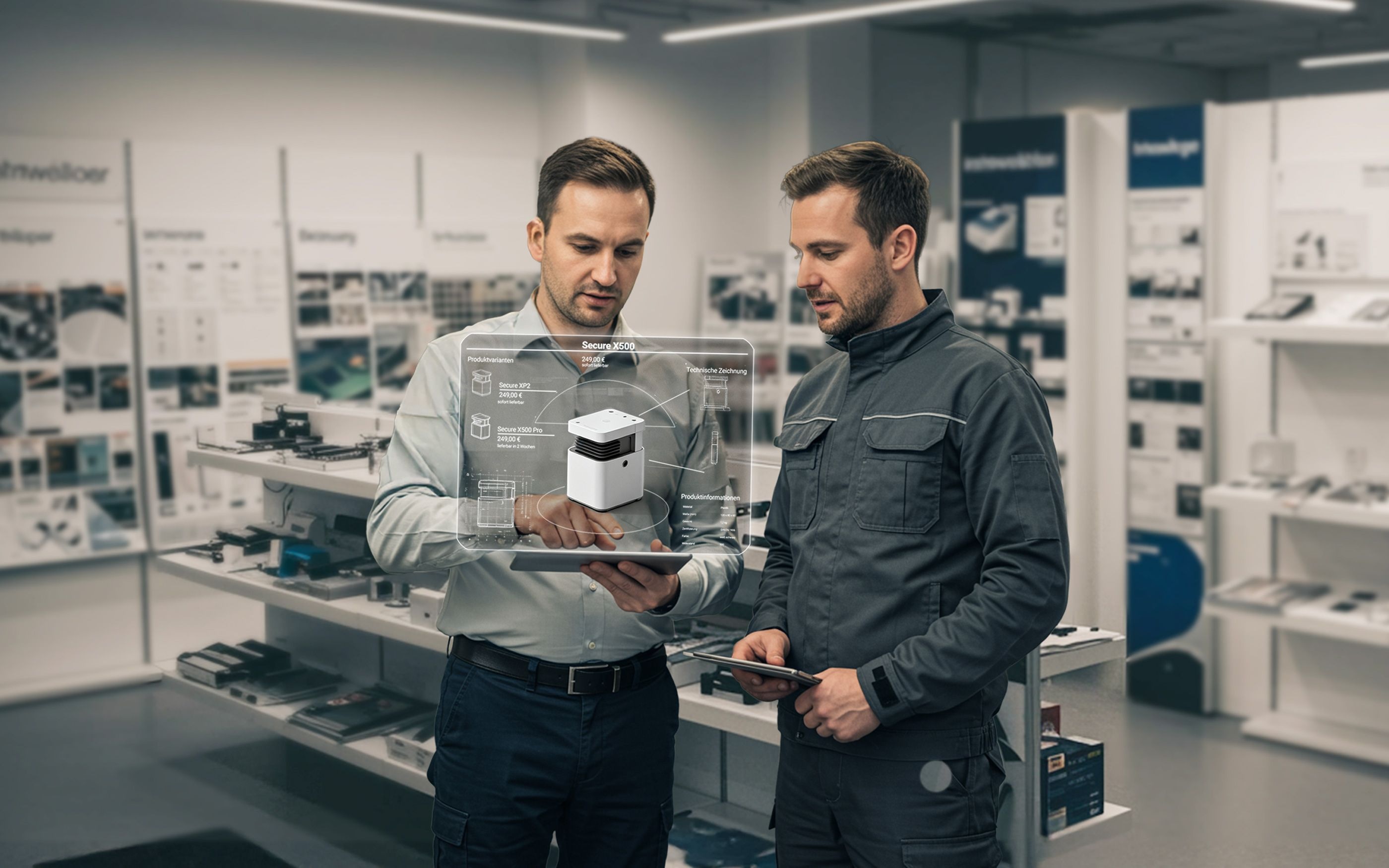 Two people in a showroom are looking at a tablet with a holographic product display and technical details.