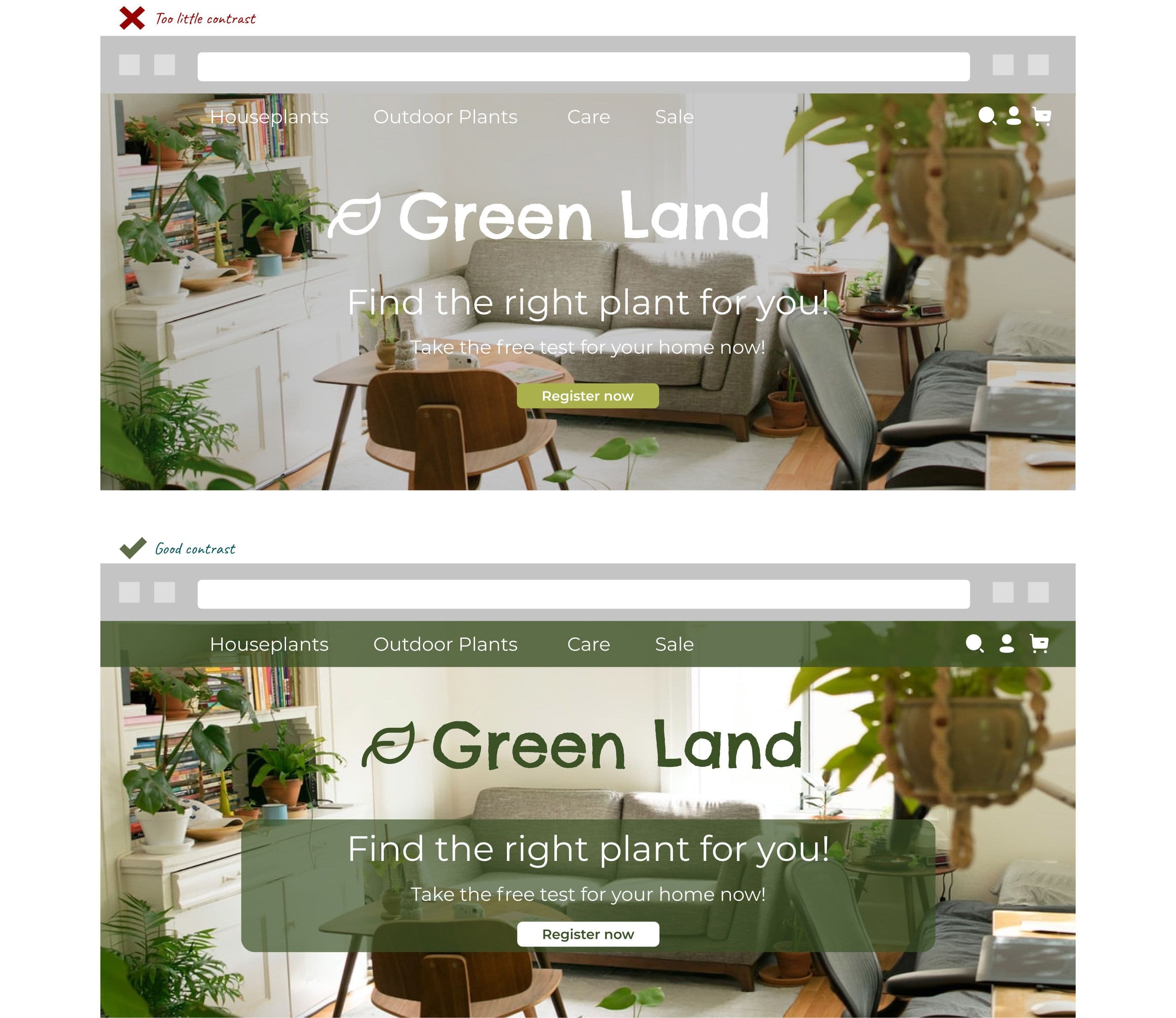 Two screenshots show the difference in text contrast on a website. On the left, the text is difficult to read because it barely stands out from the background. On the right, a dark background significantly improves readability.