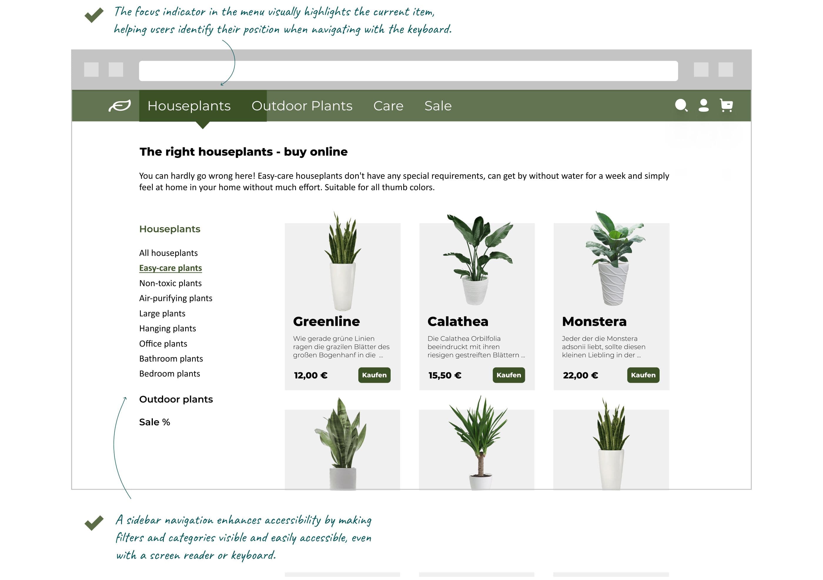 Screenshot of a product page for indoor plants with horizontal navigation and vertical sidebar with subcategories. One menu item is highlighted