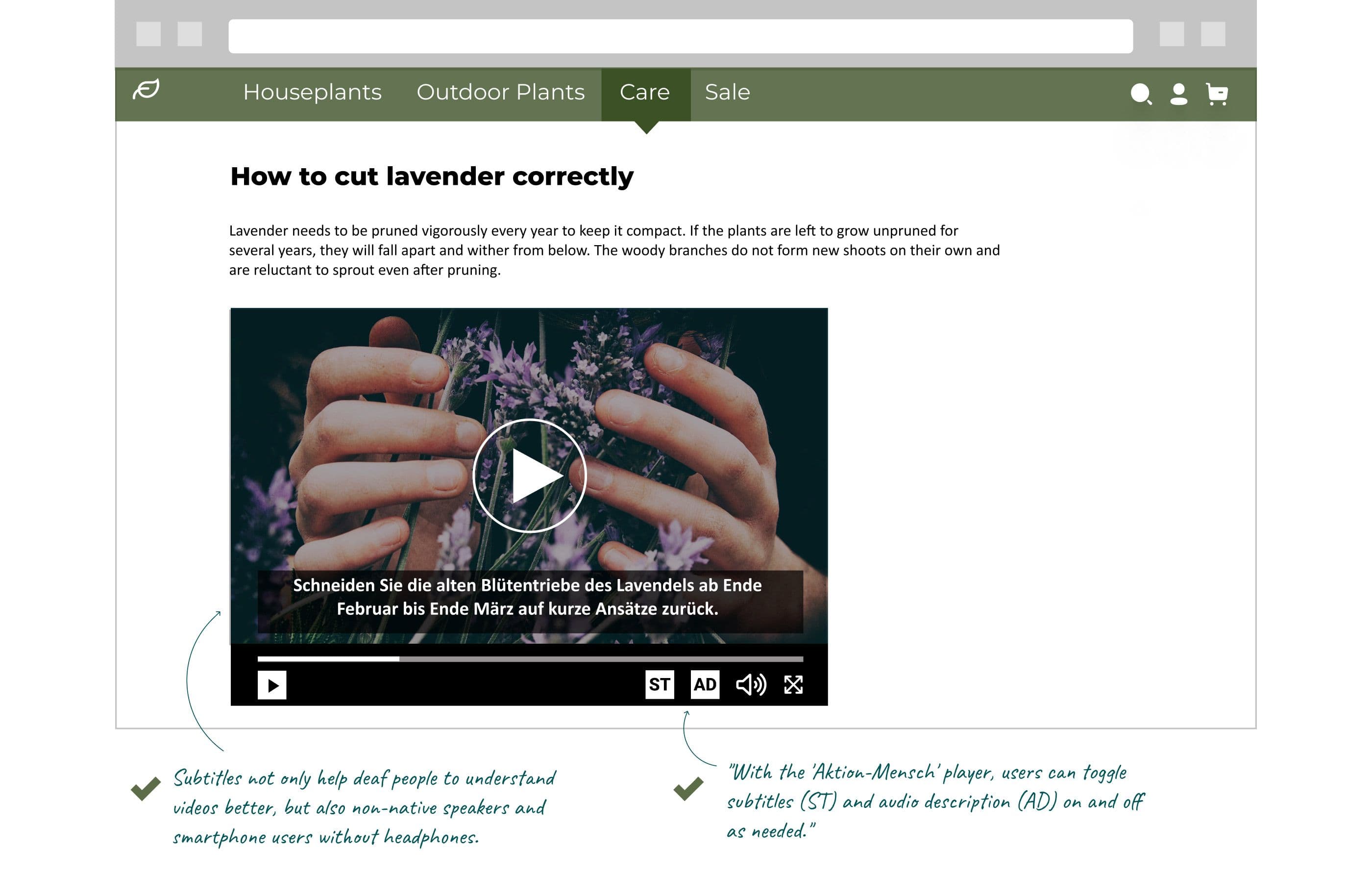 Screenshot of a page with video and subtitles. The video player from ‘Aktion-Mensch’ allows you to turn subtitles (UT) and audio description (AD) on and off