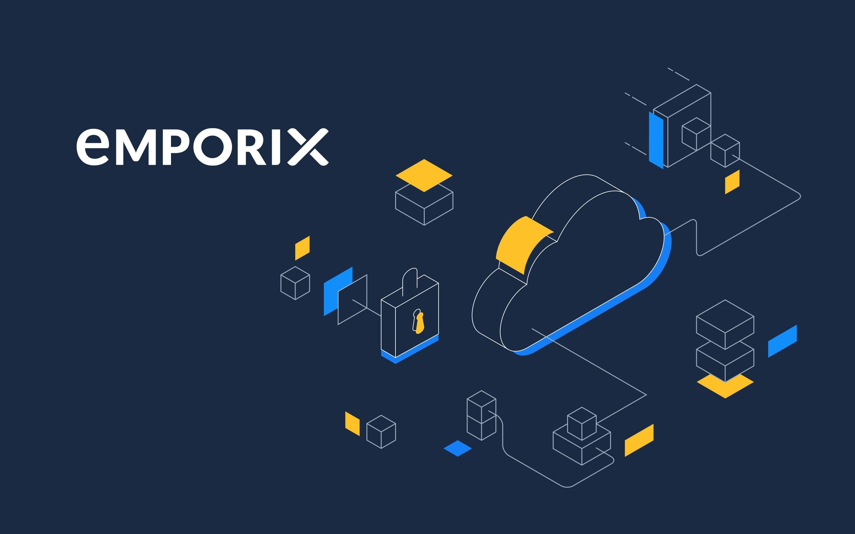 Illustration auf dunkelblauem Hintergrund mit dem Schriftzug ‚EMPORIX‘ links und einer stilisierten Cloud in der Mitte, verbunden mit geometrischen Elementen wie Würfeln, Datenblöcken und einem Einkaufsbeutel-Symbol; Farbakzente in Gelb und Blau.
