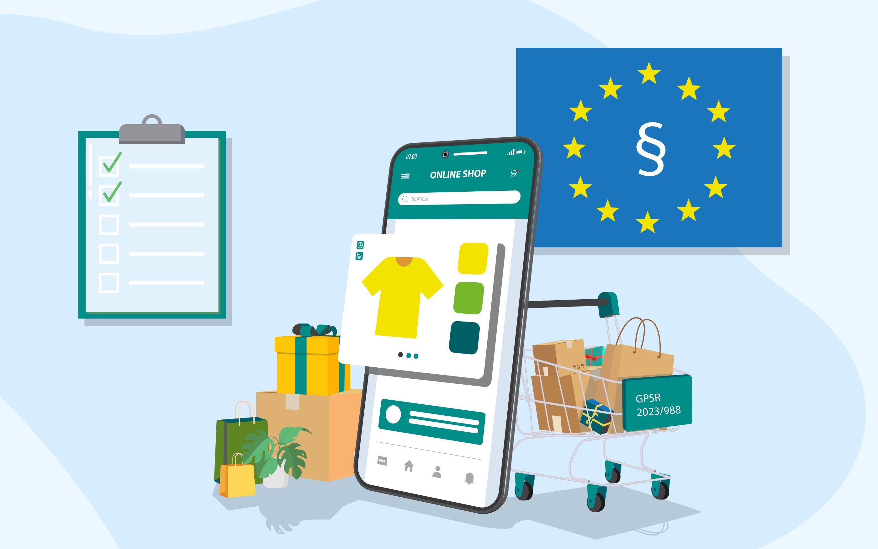 Illustration with smartphone, online shop view, and shopping cart full of packages, next to it EU flag with paragraph symbol and checklist; reference to GPSR 2023/988 for product safety regulation.