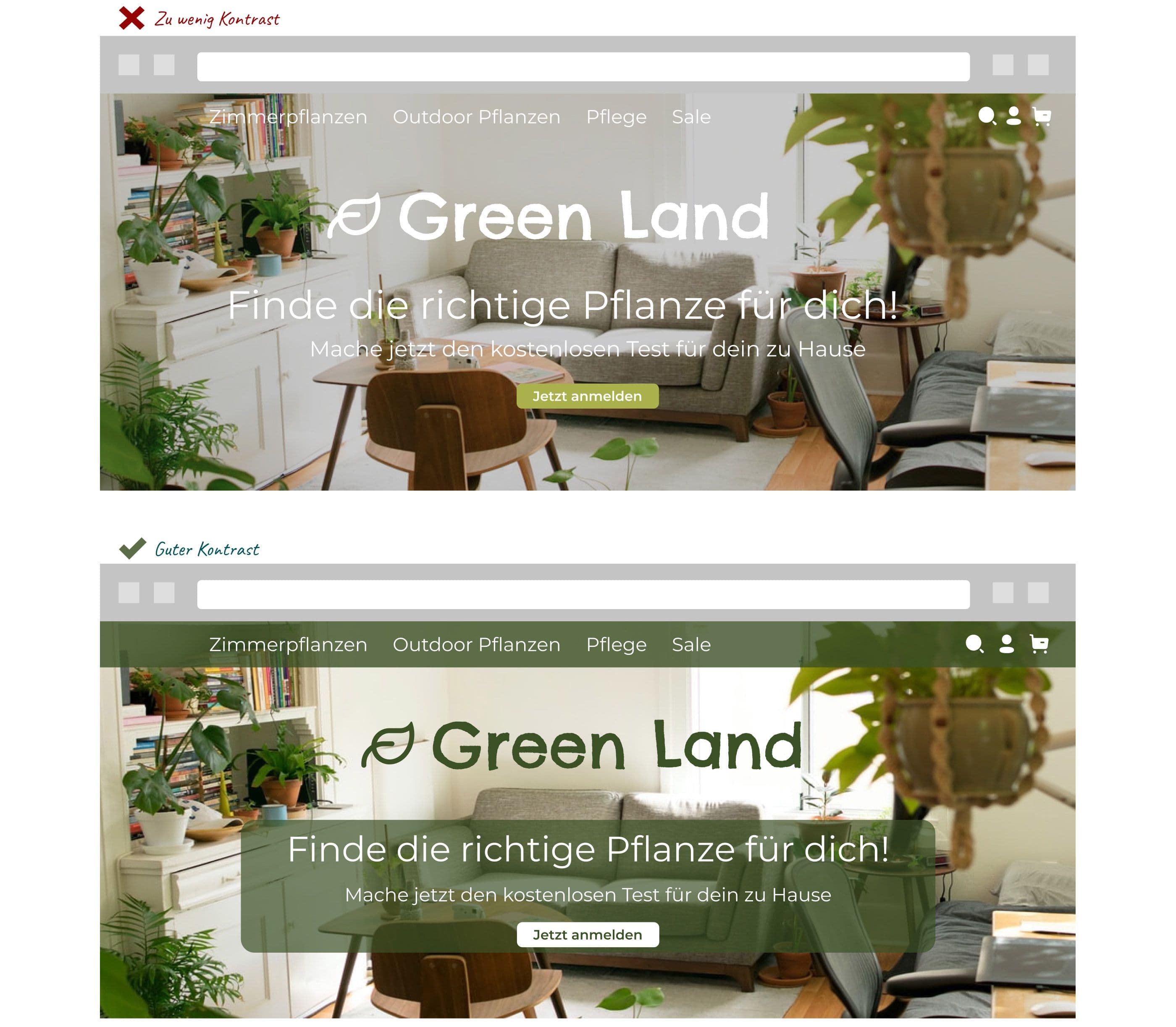 Zwei Screenshots zeigen den Unterschied im Textkontrast auf einer Website. Links ist der Text schwer lesbar, da er sich kaum vom Hintergrund abhebt. Rechts verbessert ein dunkler Hintergrund die Lesbarkeit deutlich.