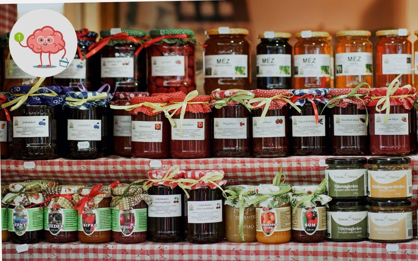 Foto von vielen, bunten Marmeladengläsern auf einer Anrichte