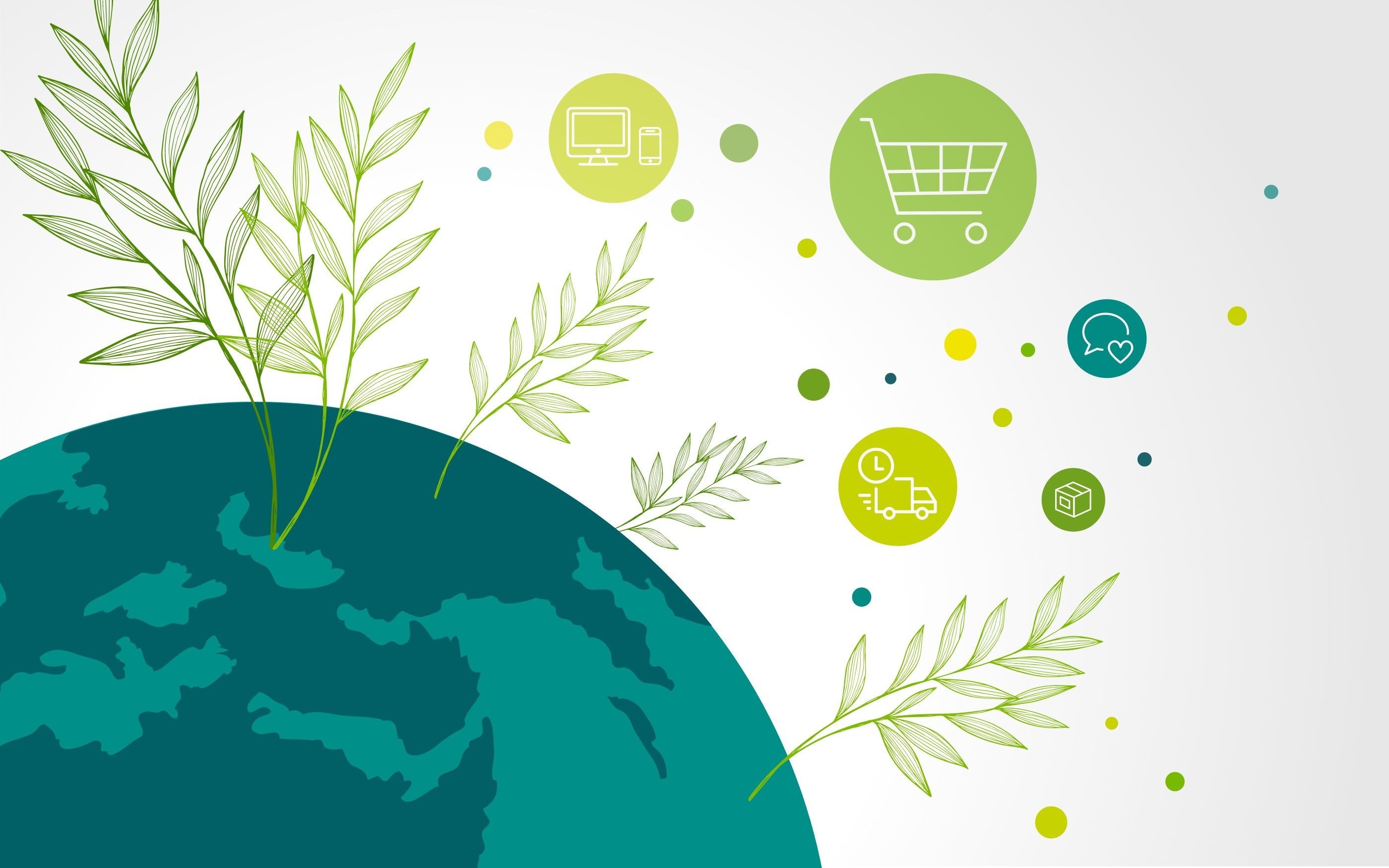 Grafik mit communicode Symbolen und nachhaltiger grüner Weltkugel