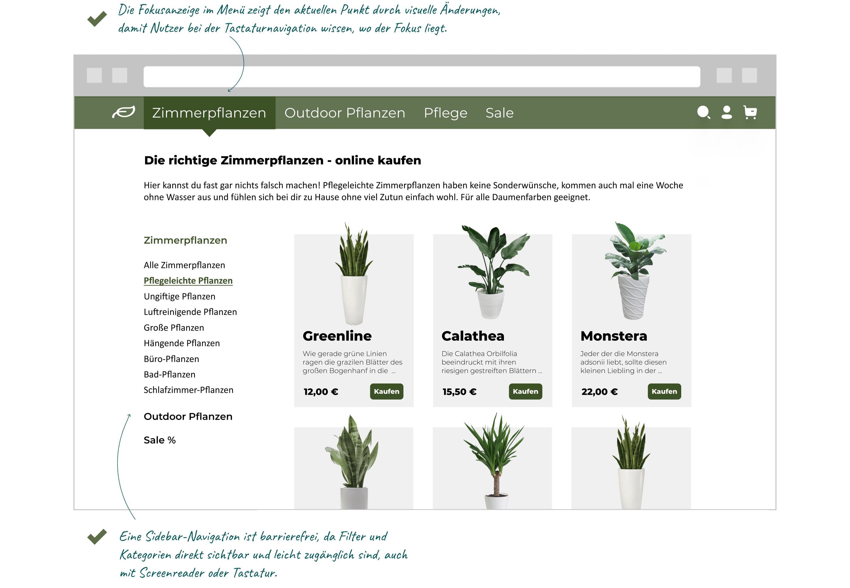 Screenshot einer Produktseite für Zimmerpflanzen mit horizontaler Navigation und vertikaler Sidebar mit Unterkategorien. Ein Menüpunkt ist hervorgehoben.