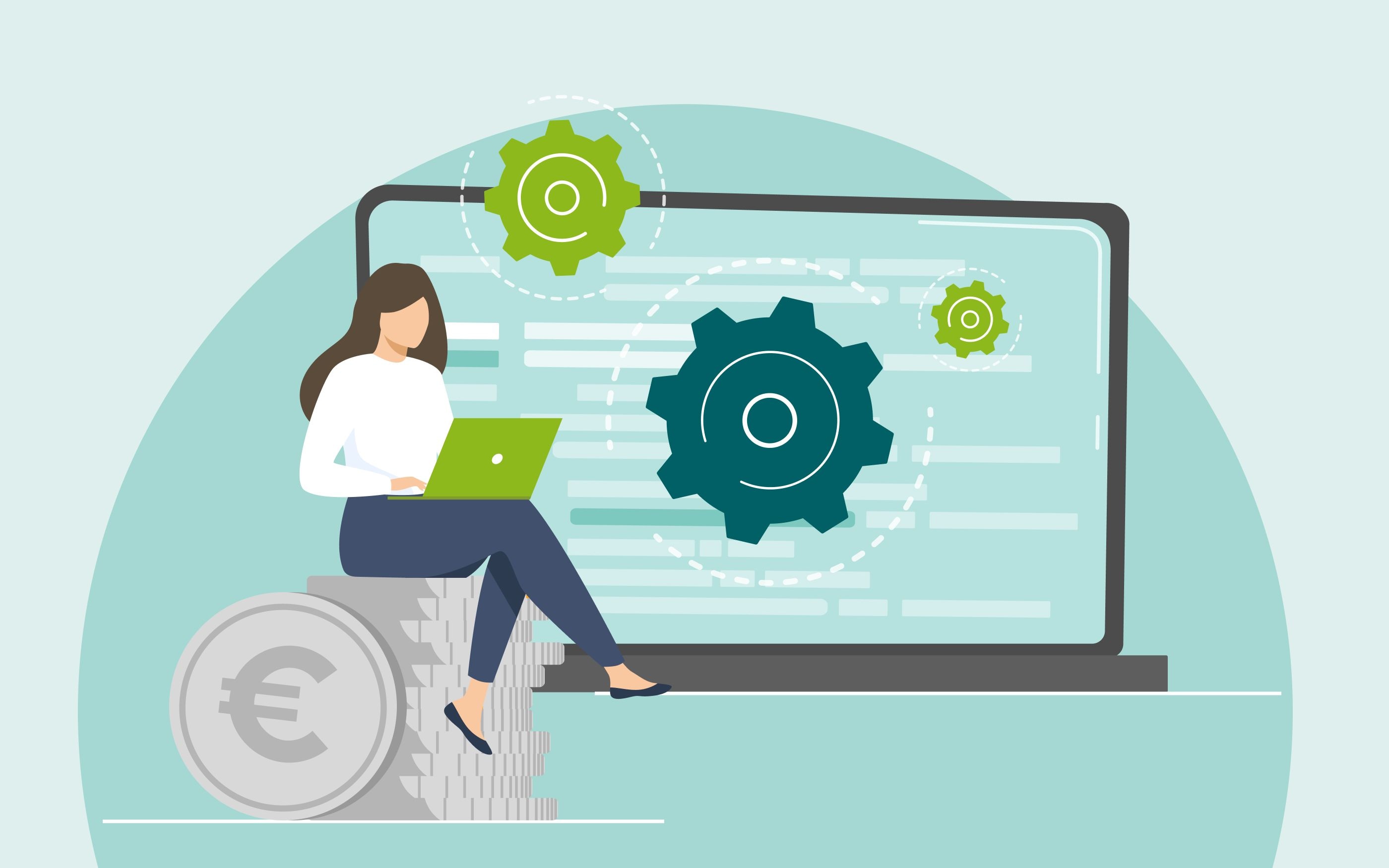 Grafik einer Frau, die mit ihrem Laptop auf einem Stapel Münzen sitzt. Im Hintergrund ein Laptopbildschirm mit Zahnrädern.