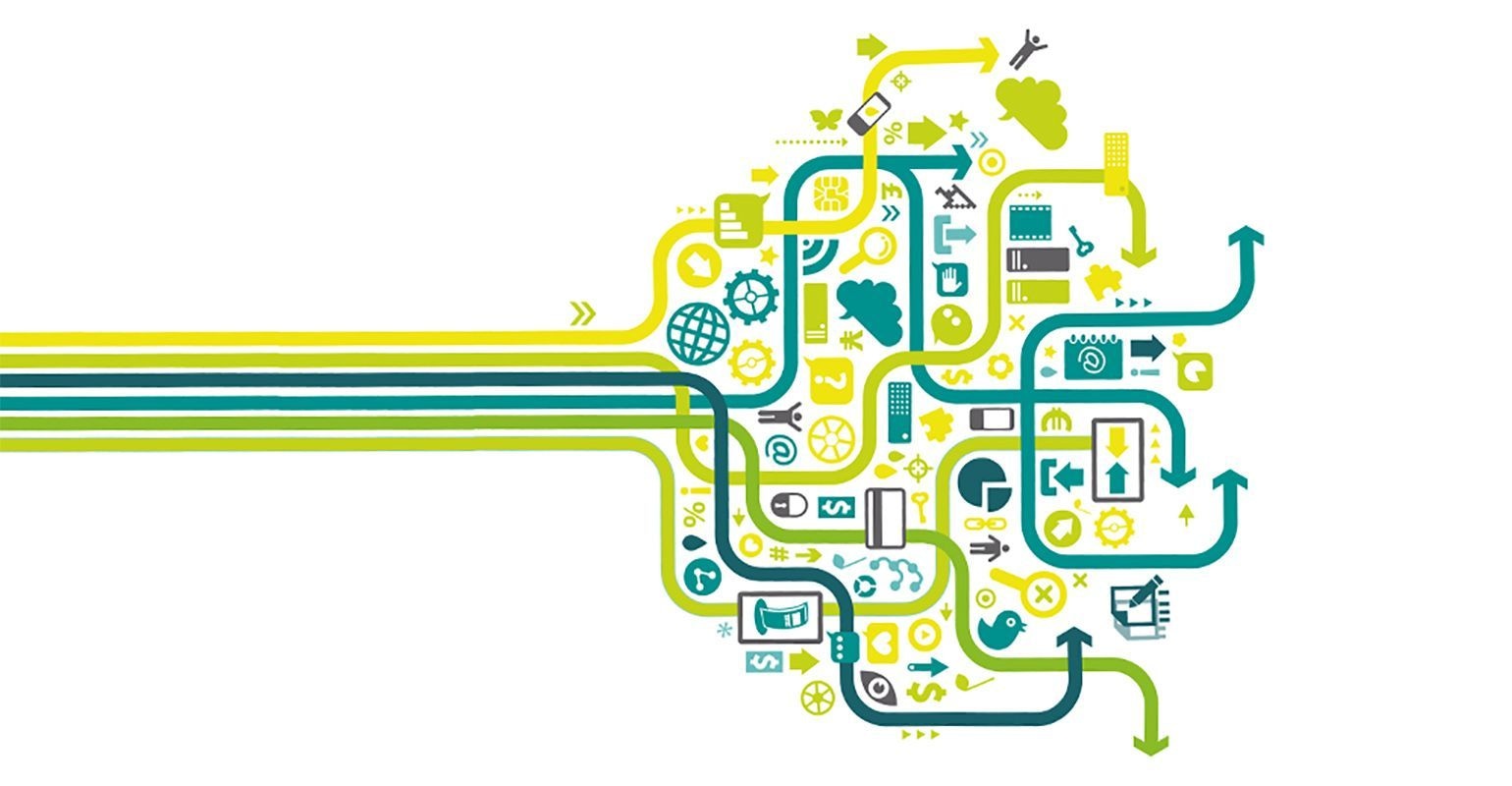 Grafische Darstellung des Omnichannel-Commerce mit Icons die durcheinander und dann gebündelt verlaufen