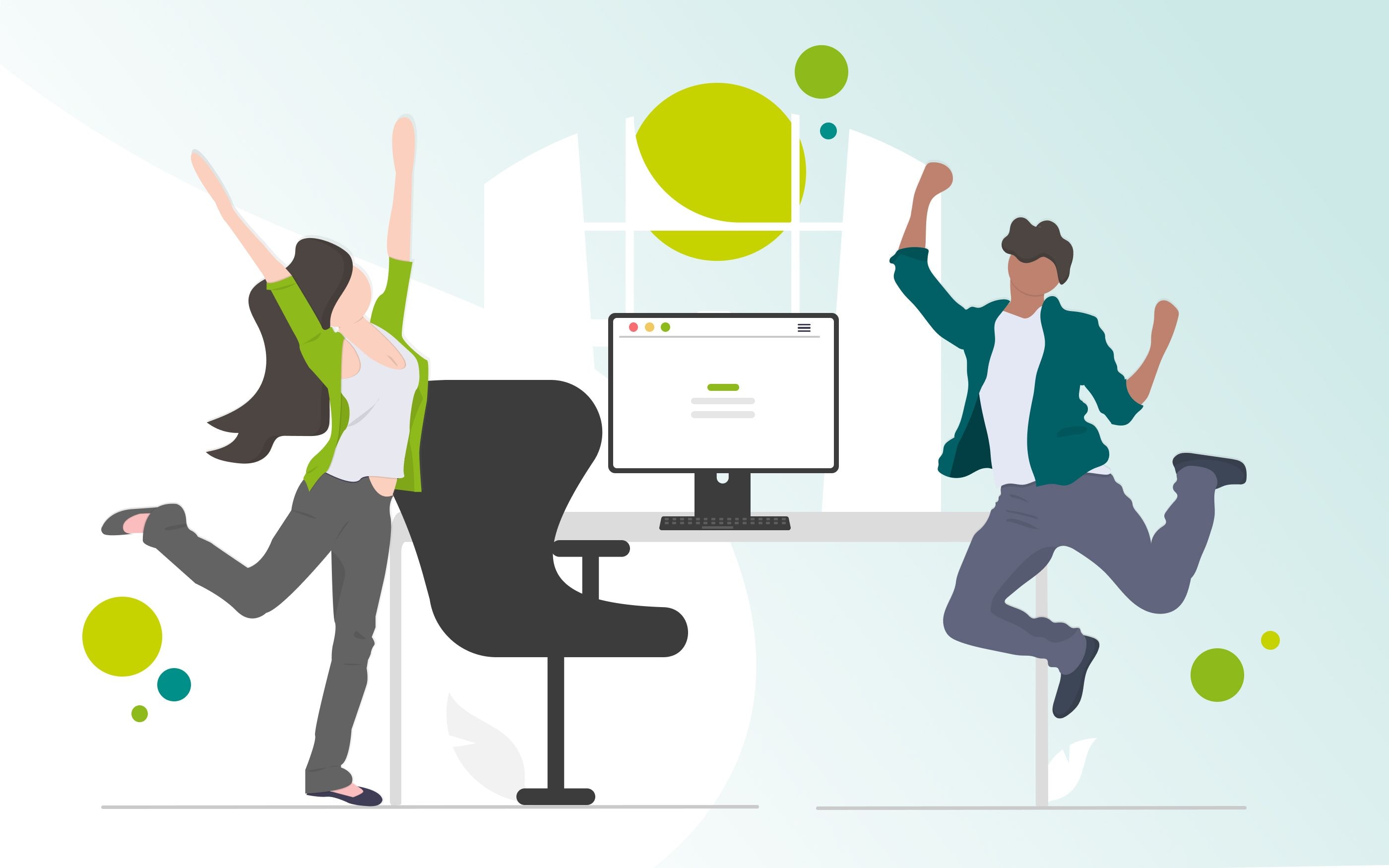 Illustration zweier jubelnder Personen vor einem Schreibtisch mit Computer – Symbol für Erfolg und Teamarbeit in digitaler Umgebung