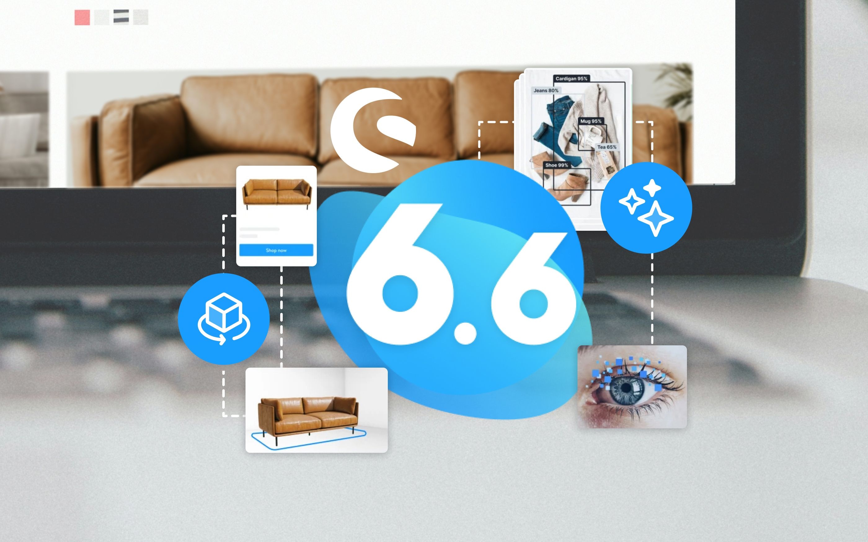 Grafik mit großem blauen Symbol ‚6.6‘ im Vordergrund, umgeben von Icons und Bildern wie Sofa, Produktdarstellung, Eye-Tracking und Design-Elementen; im Hintergrund ein Laptop-Bildschirm mit Online-Shop-Ansicht eines Sofas.