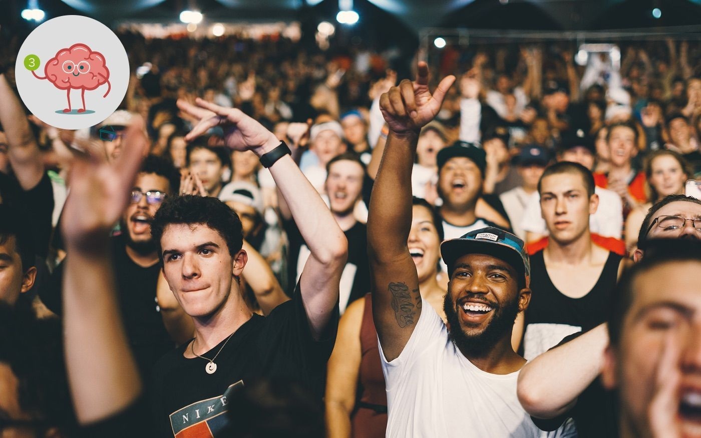 Foto Menschenmenge auf einer Veranstaltung. In der linken oberen Ecke eine Grafik mit stilisiertem Gerhirn als Männchen