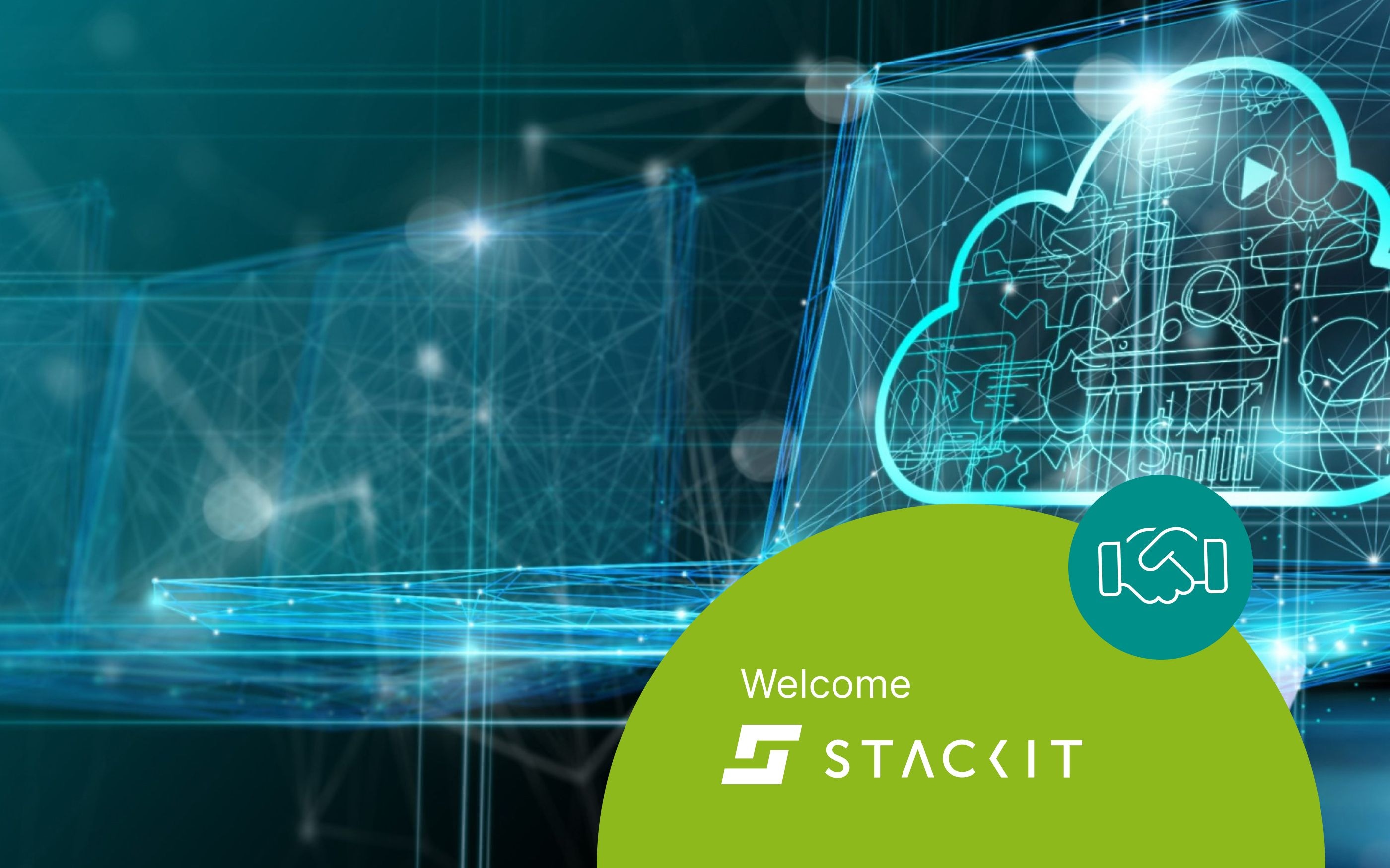 Digital graphic with cloud icon, network lines, and “Welcome STACKIT” text as a reference to modern cloud services