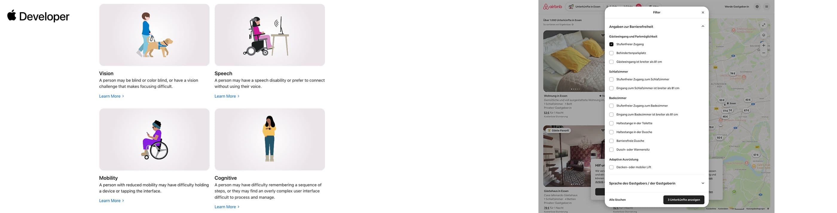 Links Apple Developer-Seite mit vier Illustrationen zu Accessibility-Kategorien – Vision, Speech, Mobility und Cognitive. Rechts Airbnb-Interface mit geöffnetem Filtermenü für Barrierefreiheits-Optionen wie stufenloser Zugang, breite Türen und rollstuhlgerechte Ausstattung.