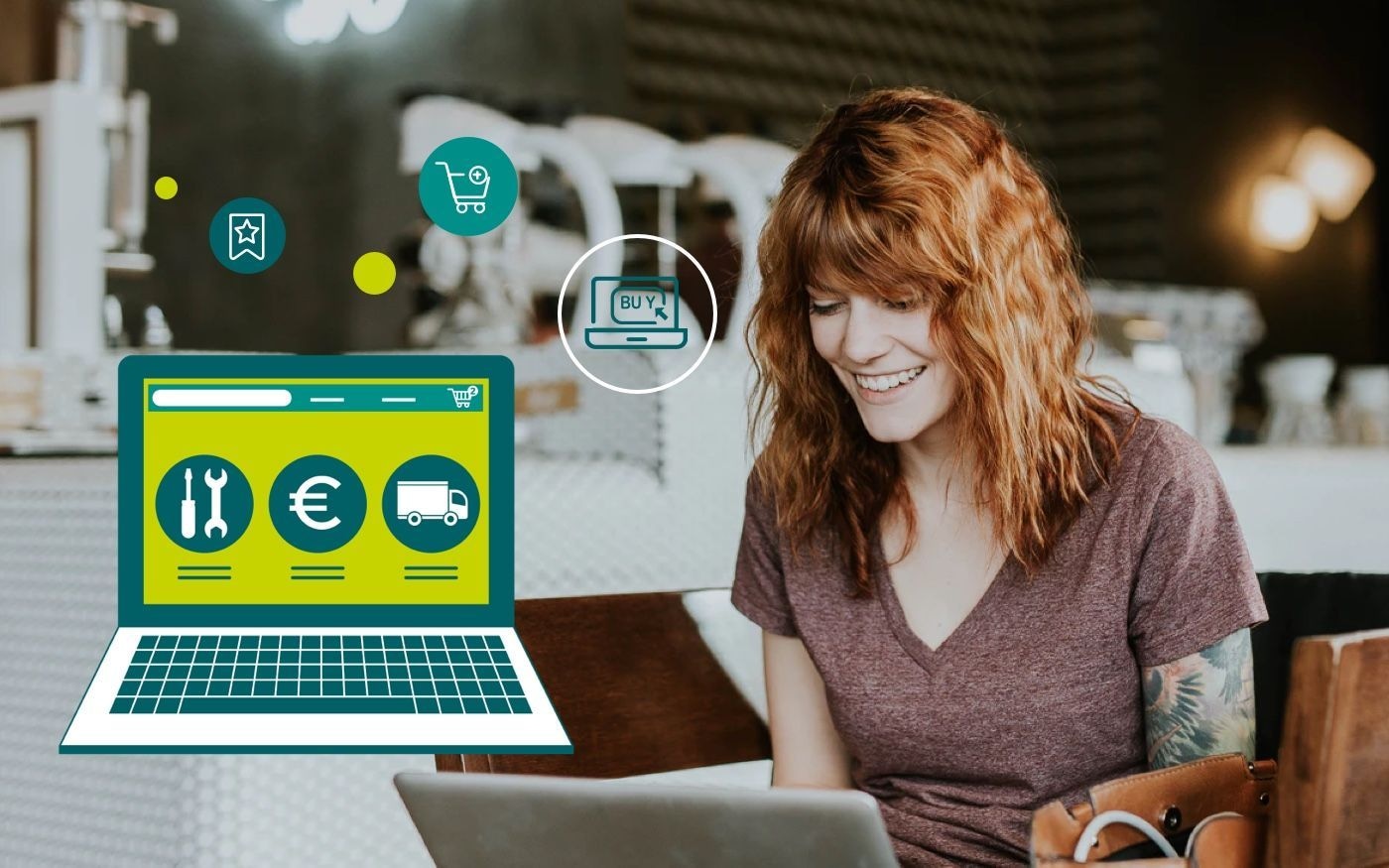 Photo of a woman on a laptop and graphic e-commerce representation