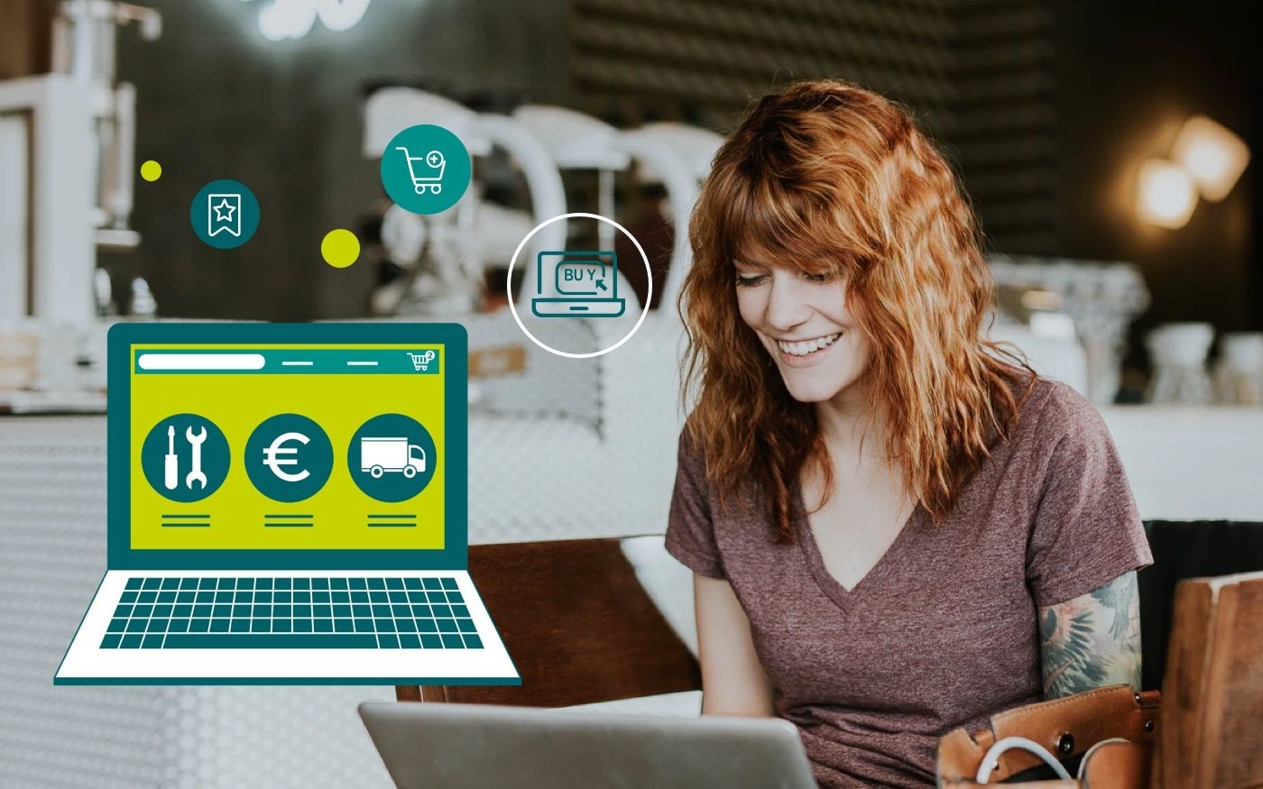 Foto einer Frau am Laptop und graphischen E-Commerce Symbolen