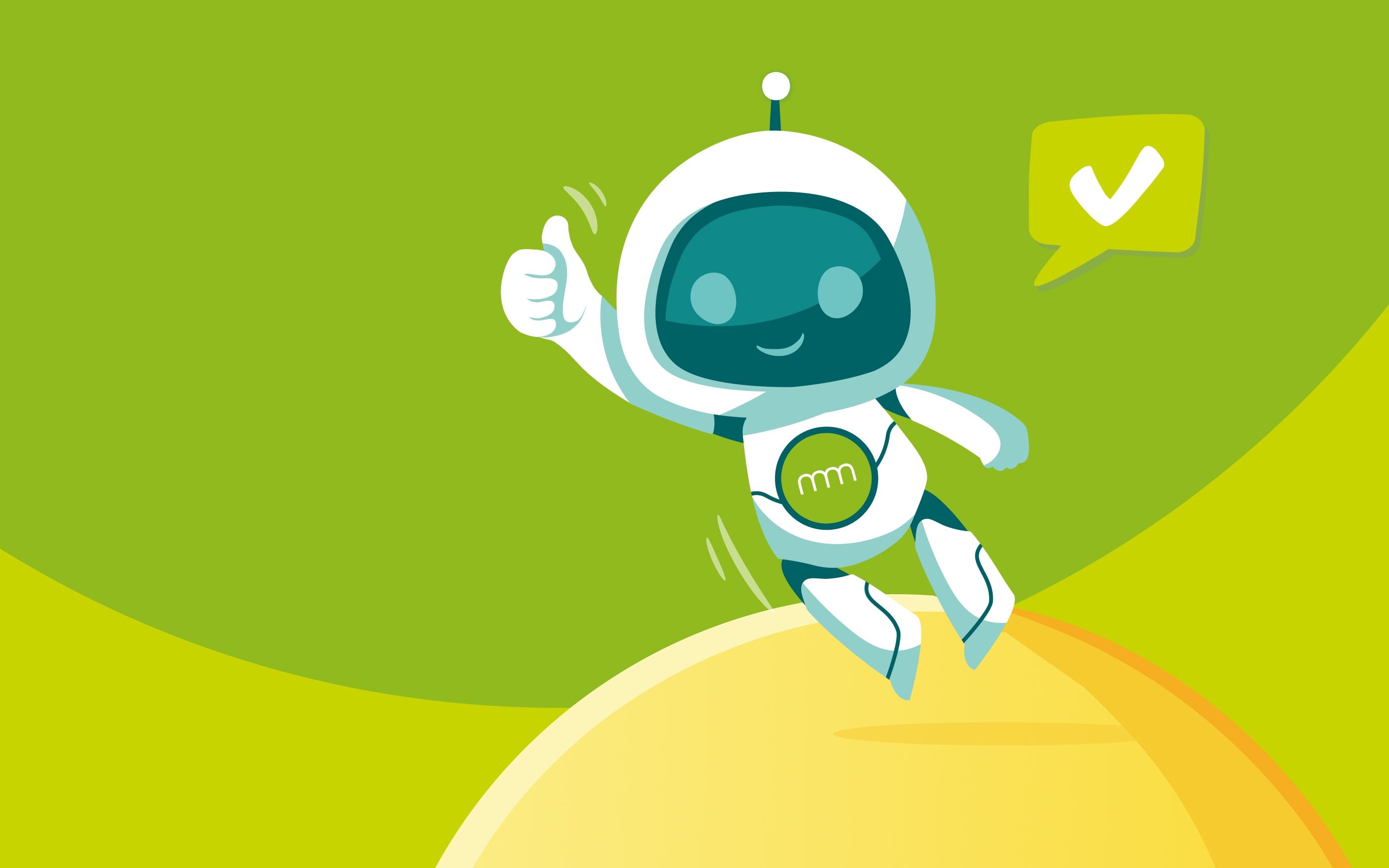 An illustration of a friendly robot in white and turquoise, balancing on a yellow sphere and giving a thumbs-up. To the right of it is a green speech bubble with a white checkmark. The background features various shades of green and conveys a positive, affirming message.