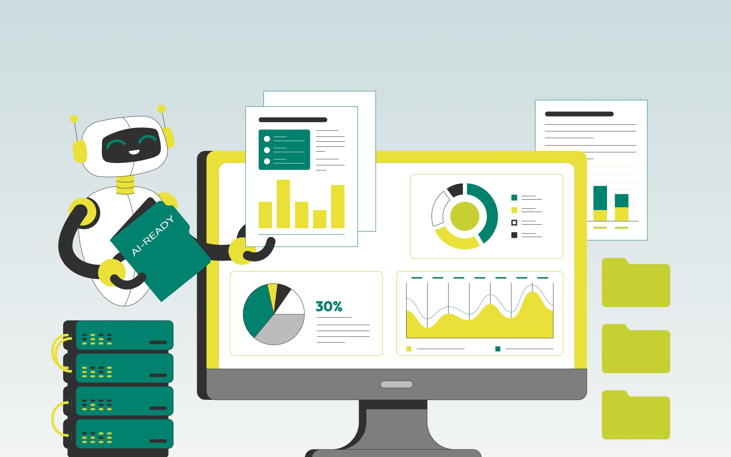 Illustration of a robot holding a tablet labeled “AI-READY” and standing next to servers; in the background, a computer screen displaying dashboard charts such as bar, pie, and line charts, as well as folder icons.