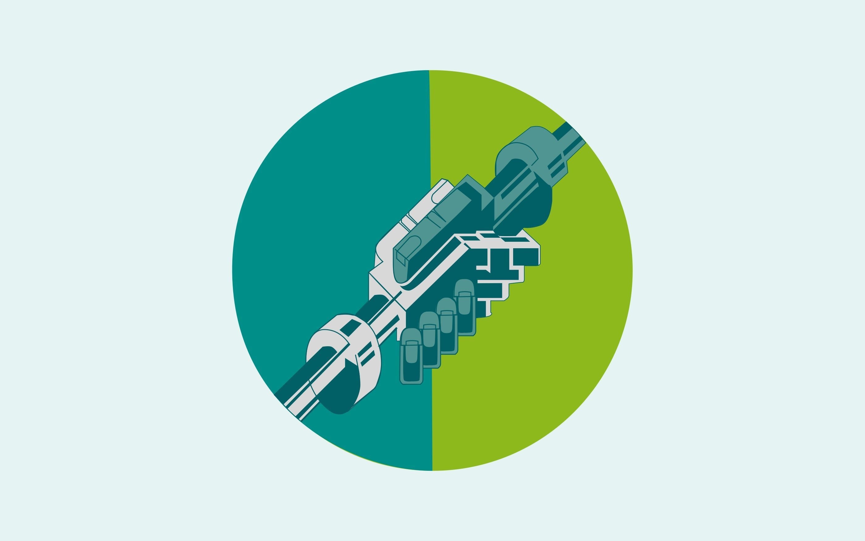 Graphic showing two machine hands shaking hands