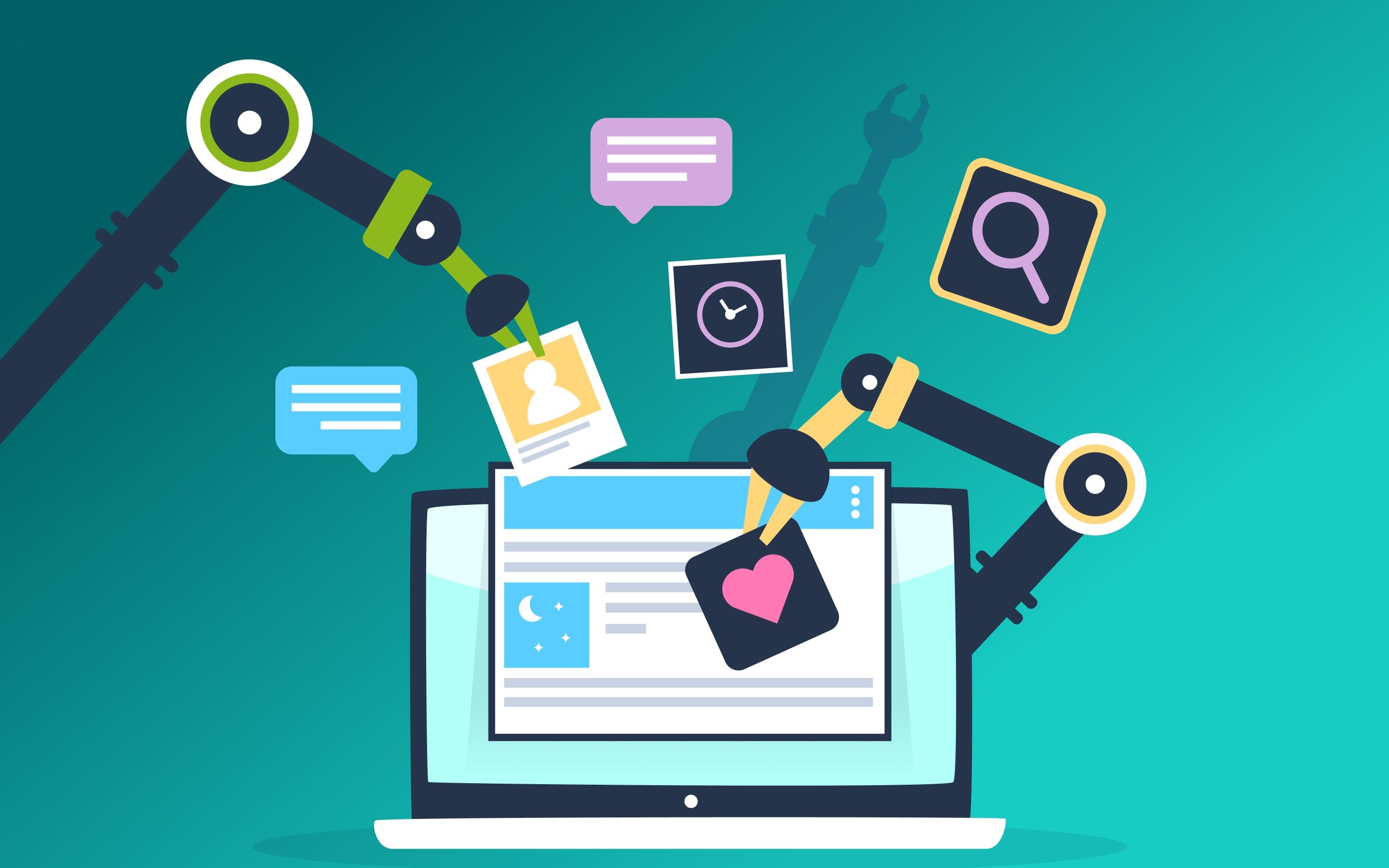 Illustration of a laptop with several robotic arms hovering above it, placing symbols and content—including chat bubbles, a heart, a profile picture, a clock, and a search icon. The image visualizes automated digital processes and AI-powered content creation.
