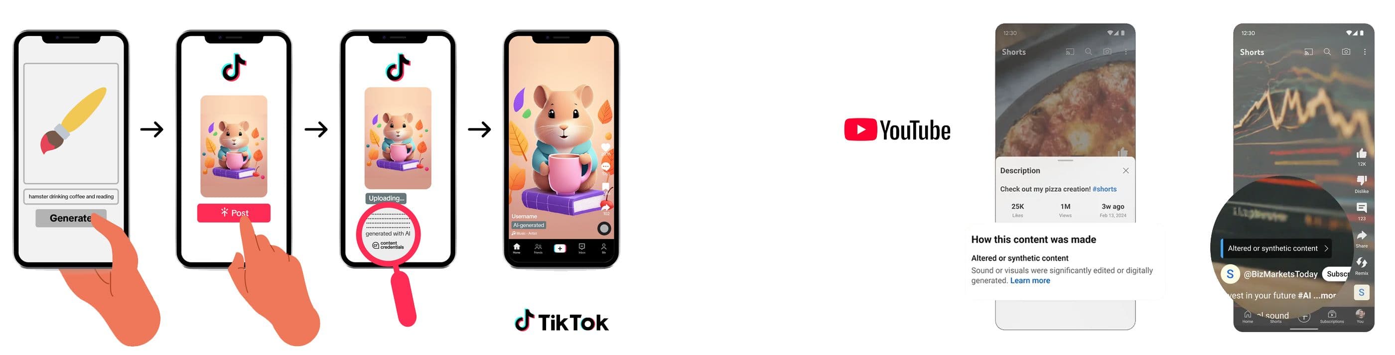 On the left, three TikTok screens showing the process of AI-generated image creation and publication, including the note “Generated with AI.” On the right, two YouTube screens labeled “Altered or synthetic content” and an explanation of how the content was created.