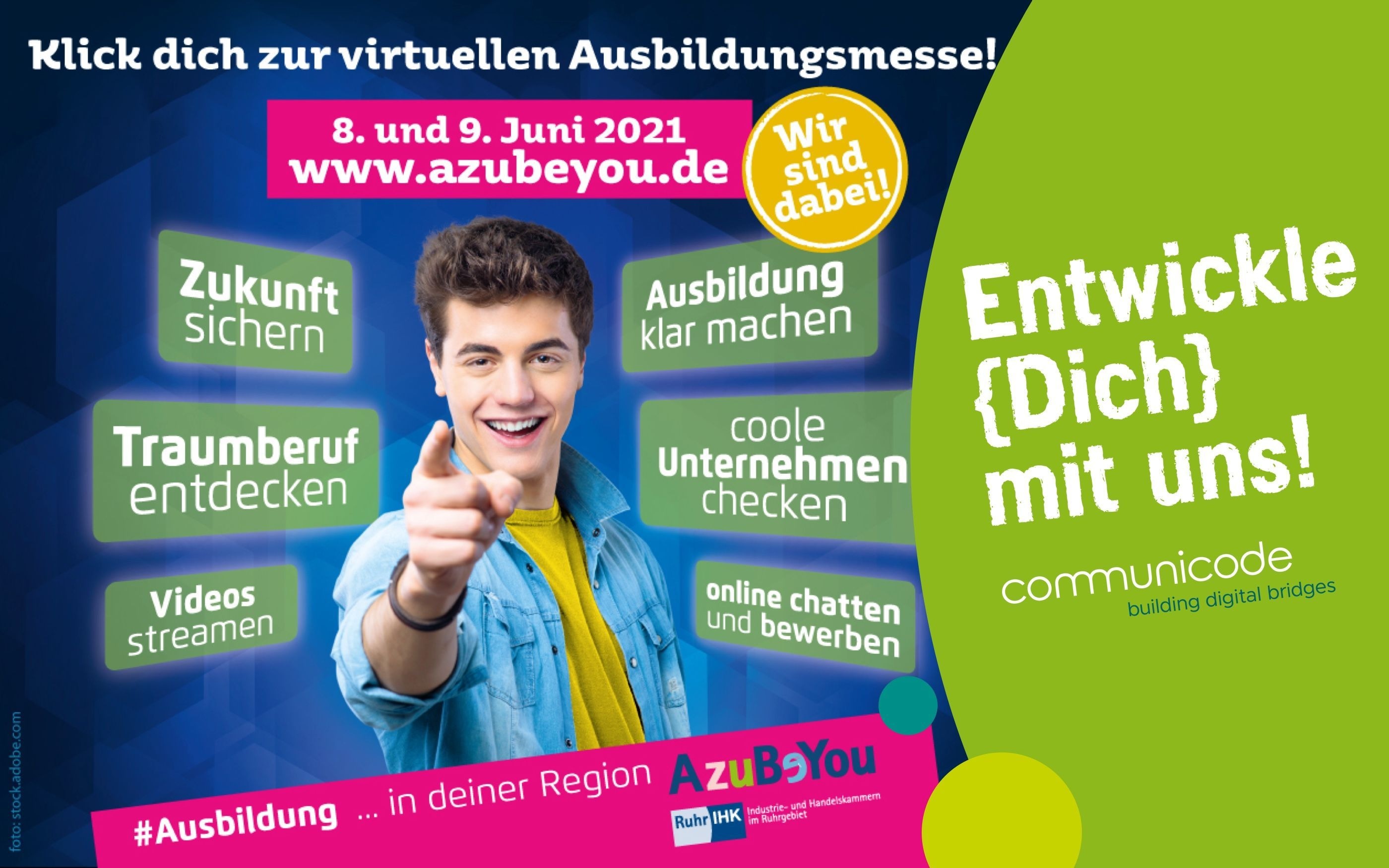 Grafik zur virtuellen Ausbildungsmesse der IHK mit communicode Logo