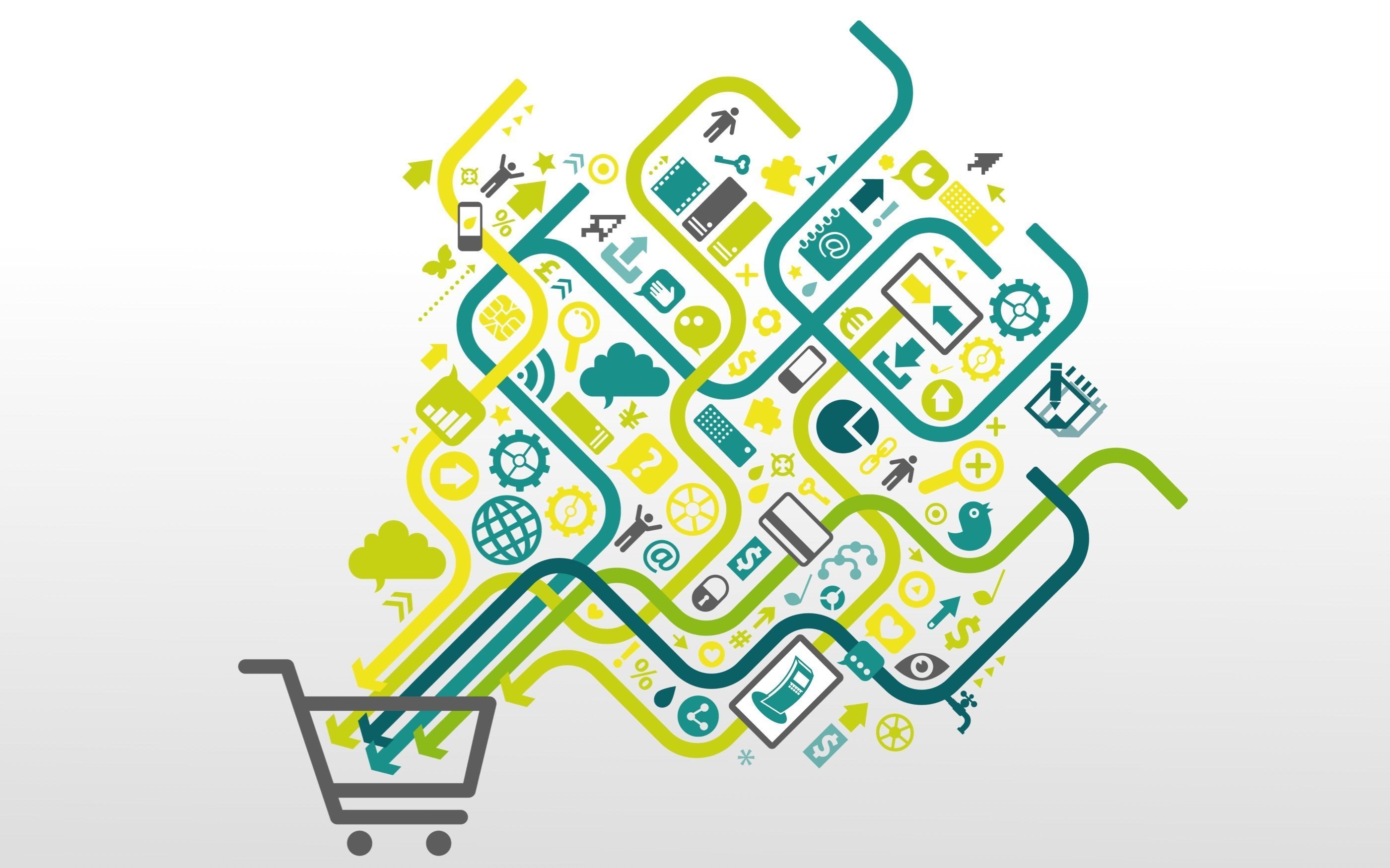 Grafische Darstellung einer B2B-Handelsstruktur. Ein Einkaufswagen enthält alle Symbole.