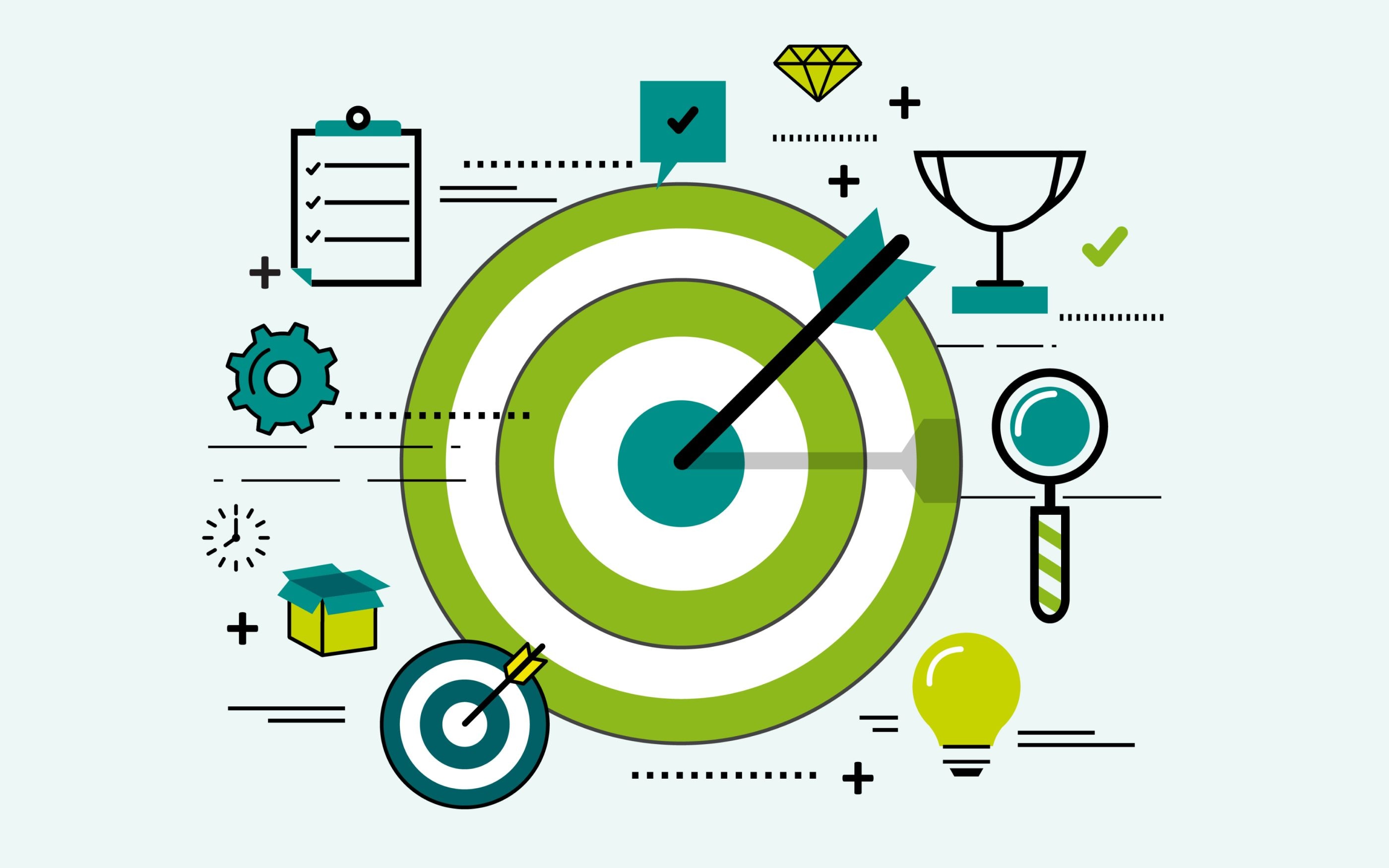 Grafik einer Zielscheibe mit einem Pfeil in der Mitte. Am Rand viele Symbole im Bezug auf SAP