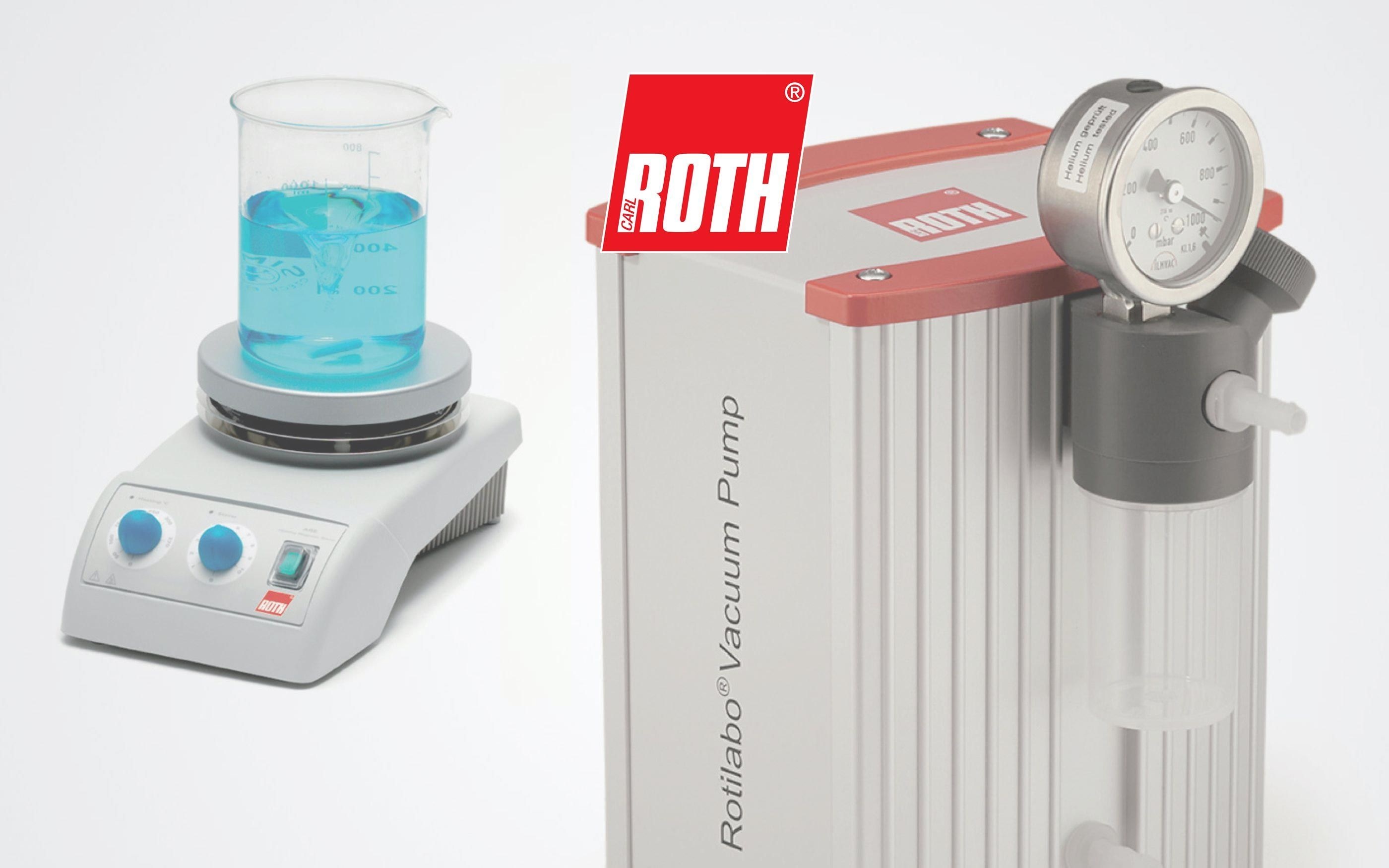 Laboratory equipment from Carl Roth: on the left, a magnetic stirrer with a beaker containing blue liquid; on the right, a Rotilabo vacuum pump with a pressure gauge and transparent collection container. The red Carl Roth logo appears at the top.