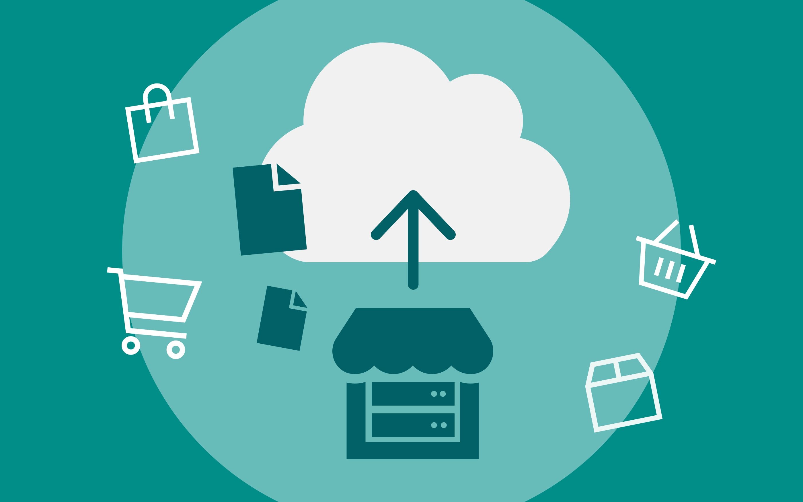 Grafik mit verschiedenen Symbolen, Einkaufswagen, Dateien, Einkaufskorb, die in eine Wolke fliegen