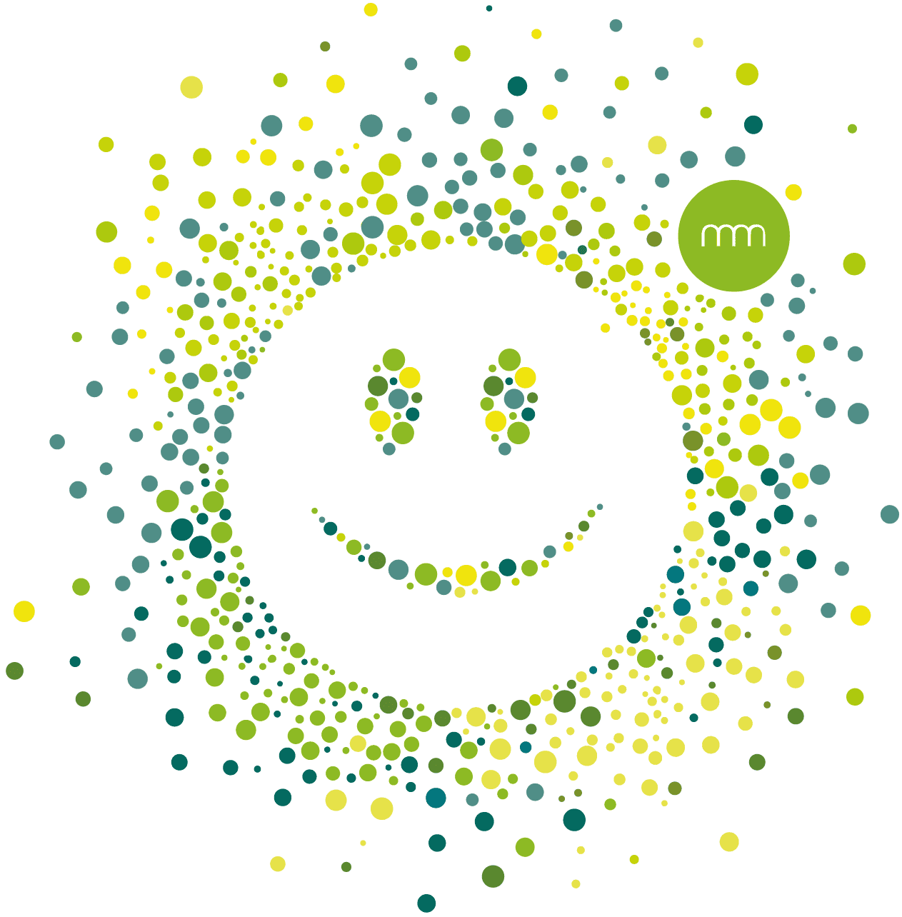Graphic of a large white smiley face surrounded by many dots of varying sizes in shades of green, yellow, and turquoise. In the upper right corner is a green circle with the white letters “mm.”