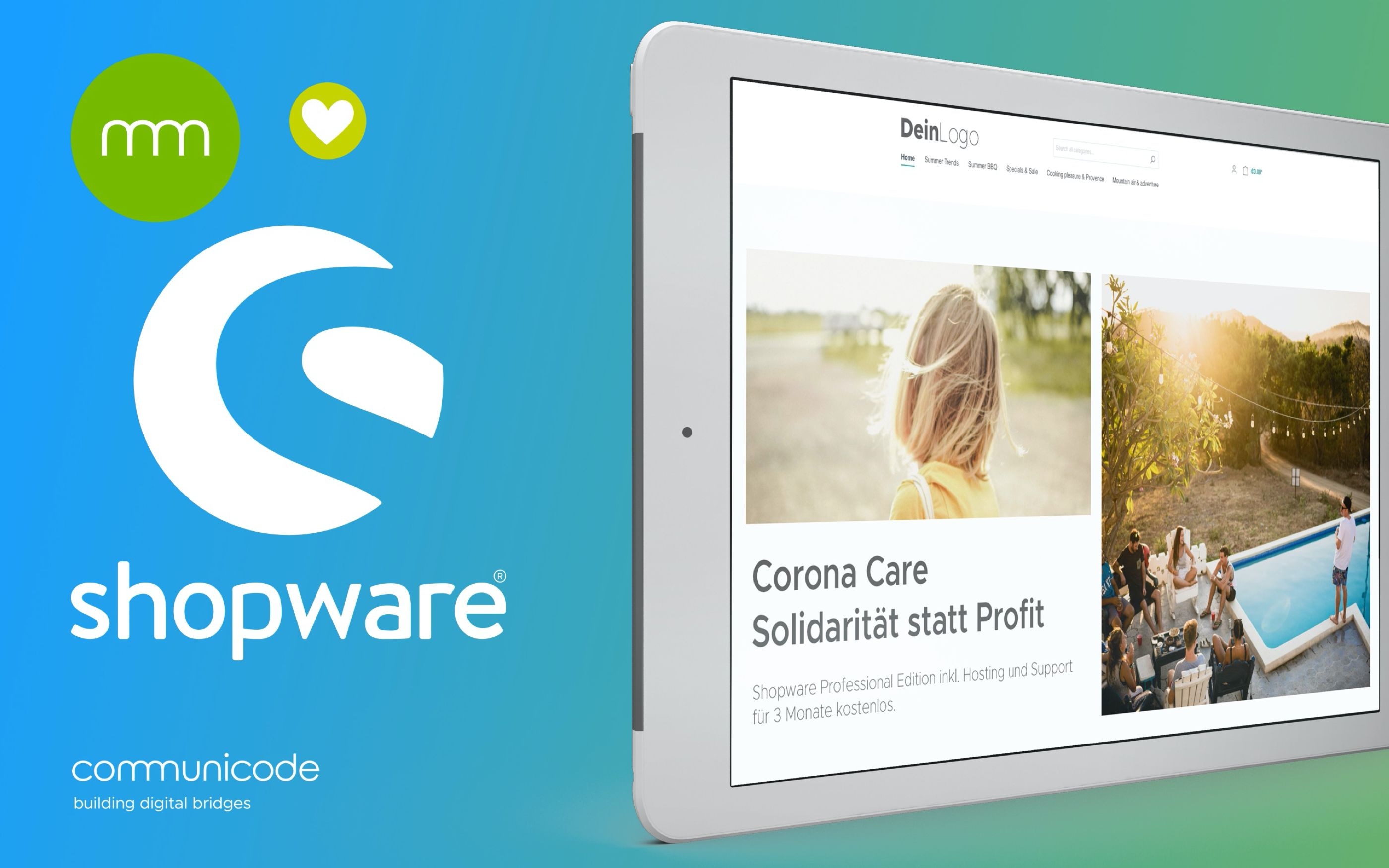Grafik mit Shopware und communicode Logo und Tabletscreen