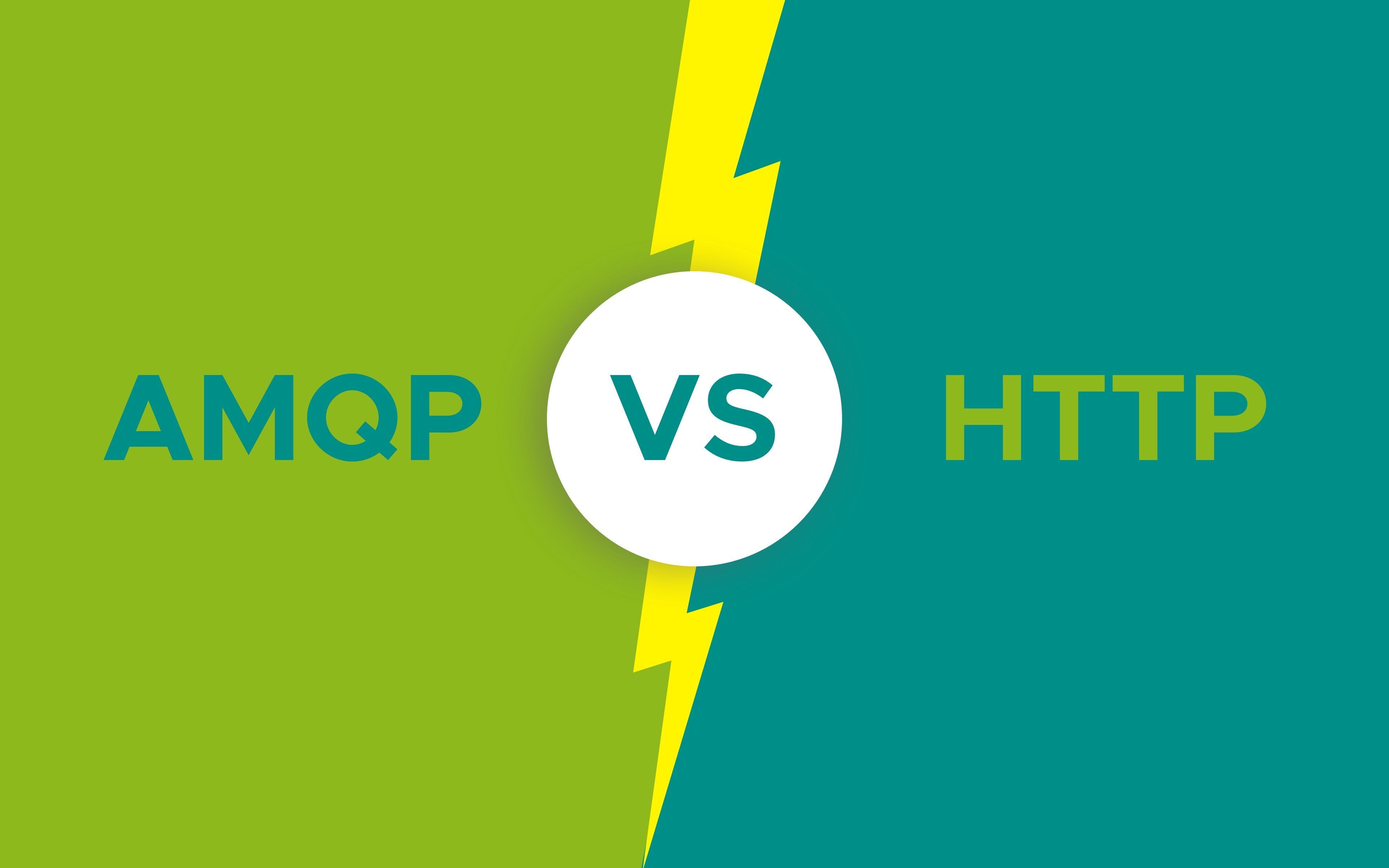 Graphic divided into two halves, separated by a lightning bolt. AMQP vs. HTTP/HTTPS text.