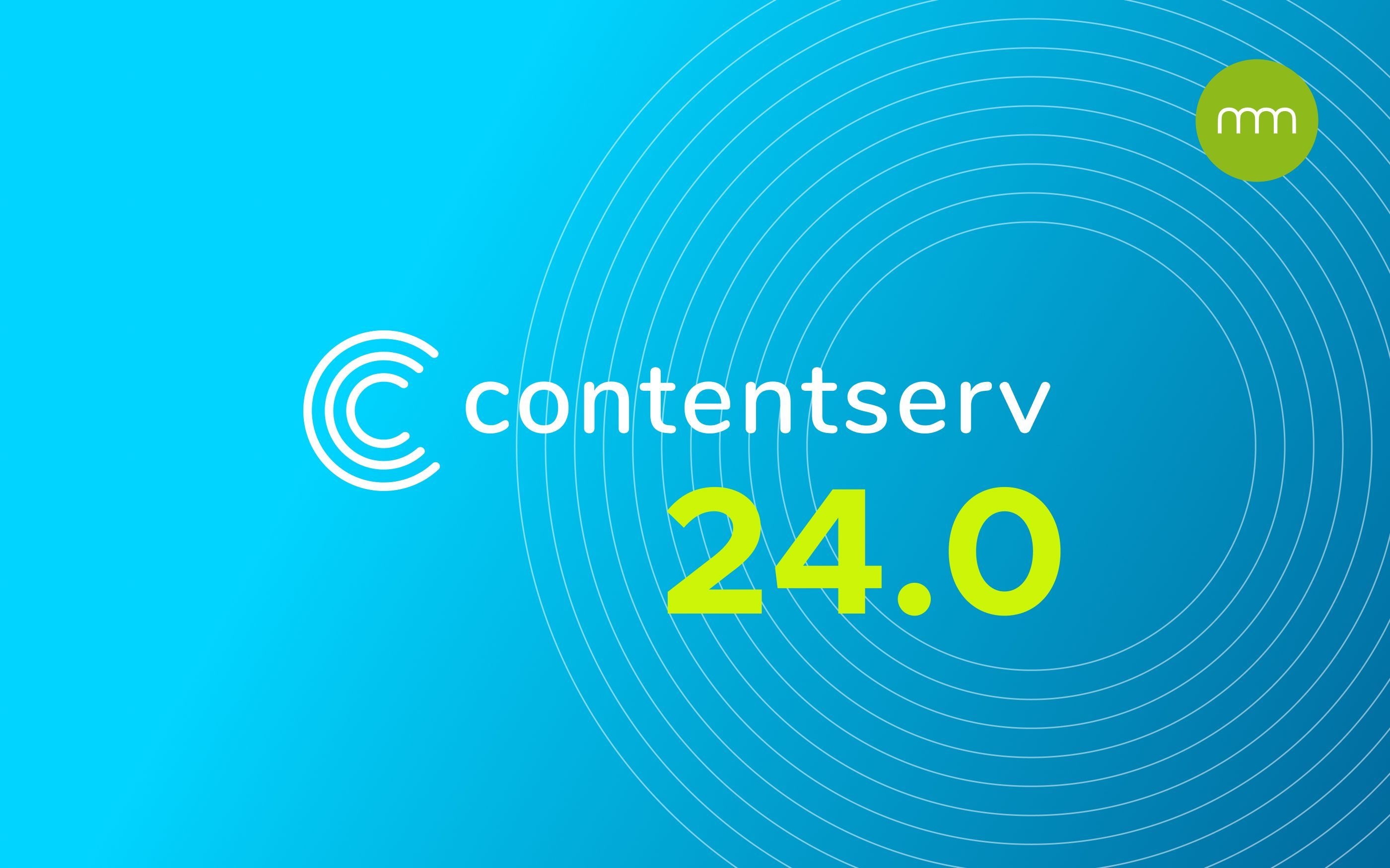 Illustration in light blue with the Contentserv logo in the center and the 24.0 lettering below, with the communicode logo in the top right.
