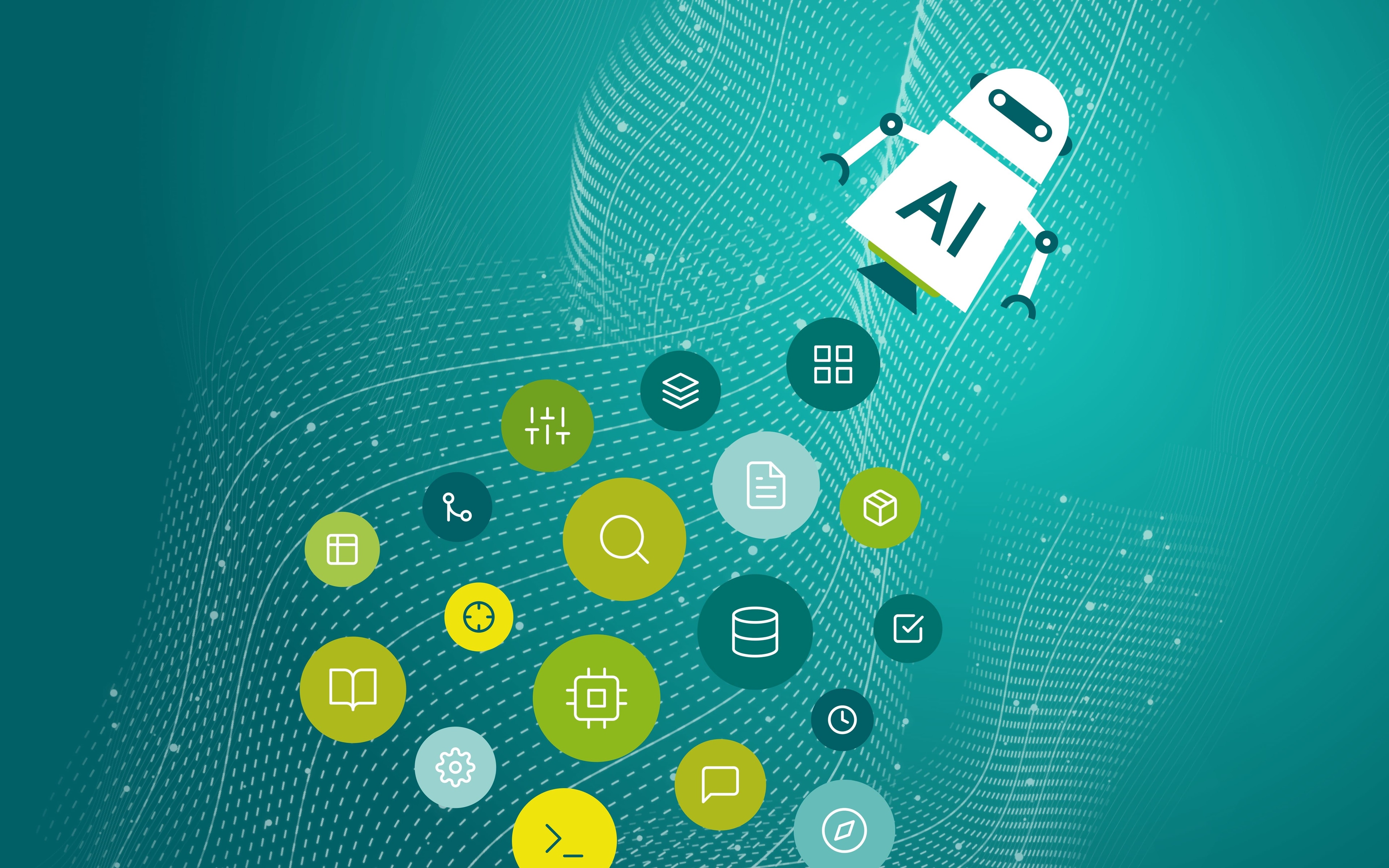 Illustration of a robot with the word “AI” floating above various symbols representing data, search, databases, documents, automation, and software. The background consists of abstract, turquoise digital waves and dot patterns.