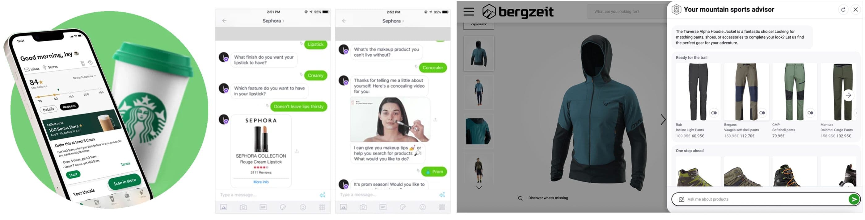 Kombinierter Screenshot mit drei Beispielen für KI-gestützte Personalisierung: Starbucks-App „Deep Brew“ für individuelle Empfehlungen, Sephora-Chatbot für Beauty-Tipps und Produktempfehlungen sowie Bergzeit-Onlineshop mit dialogischem Einkaufsassistenten.