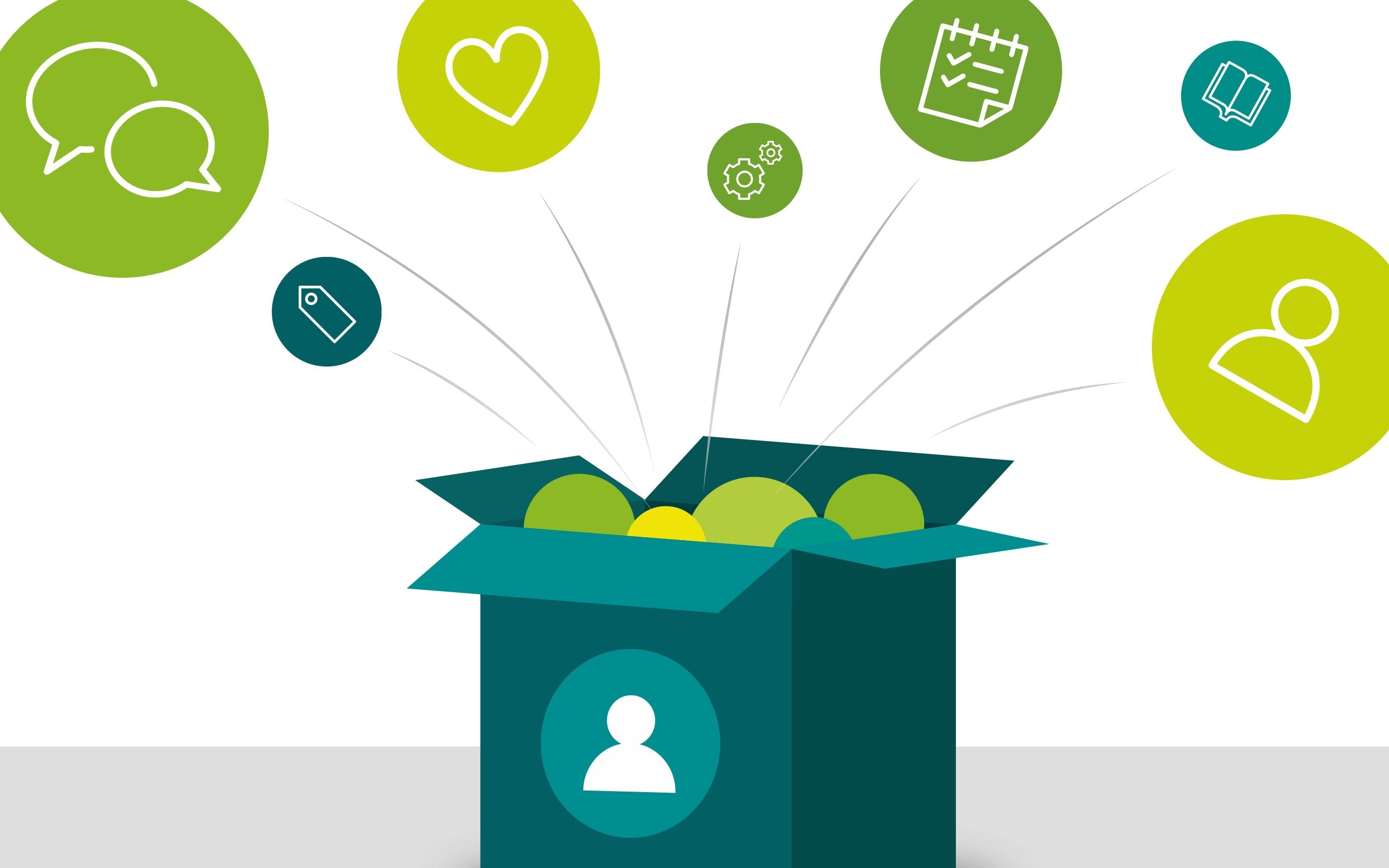 Grafik Jack in the Box-Kiste mit heraushüpfenden Blasen und Symbolen