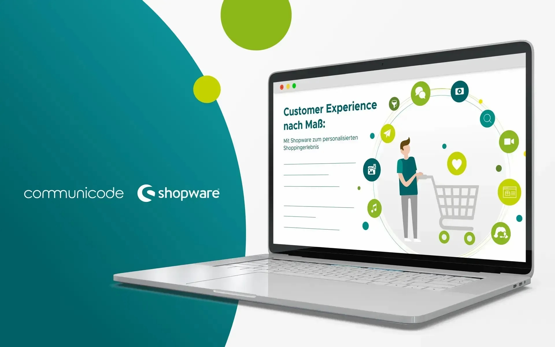 Graphic of a laptop against an illustrated background with communicode and the Shopware logo on the topic of customer experience. The laptop displays a graphic on the topic with a shopping cart, a person, and icons circling the cart.